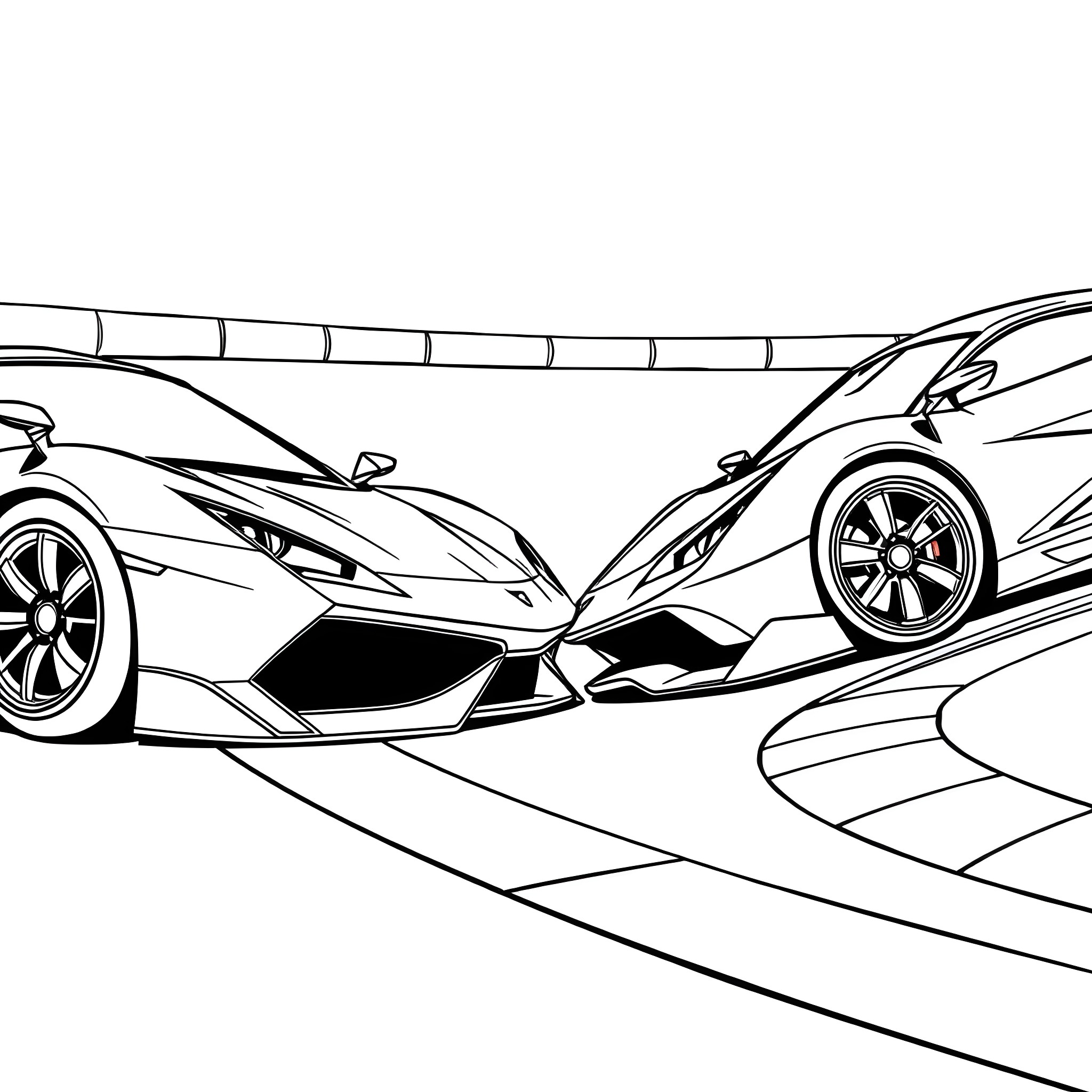 Sports Cars Racing on the Track Coloring Page (free black-and-white line drawing printable PDF for all, from beginners to advanced learners, including children, teens, adults, and seniors)