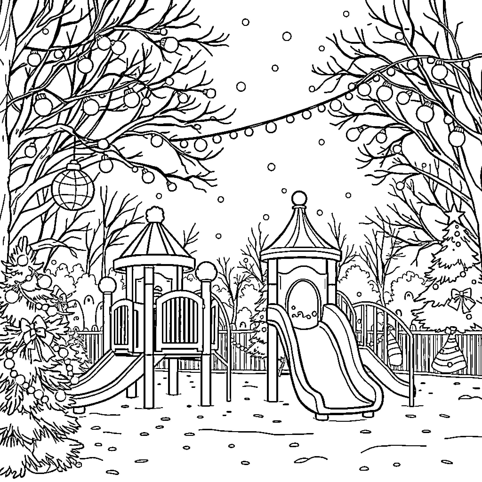 Playground in Winter Wonderland Coloring Page (free black-and-white line drawing printable PDF for all, from beginners to advanced learners, including children, teens, adults, and seniors)