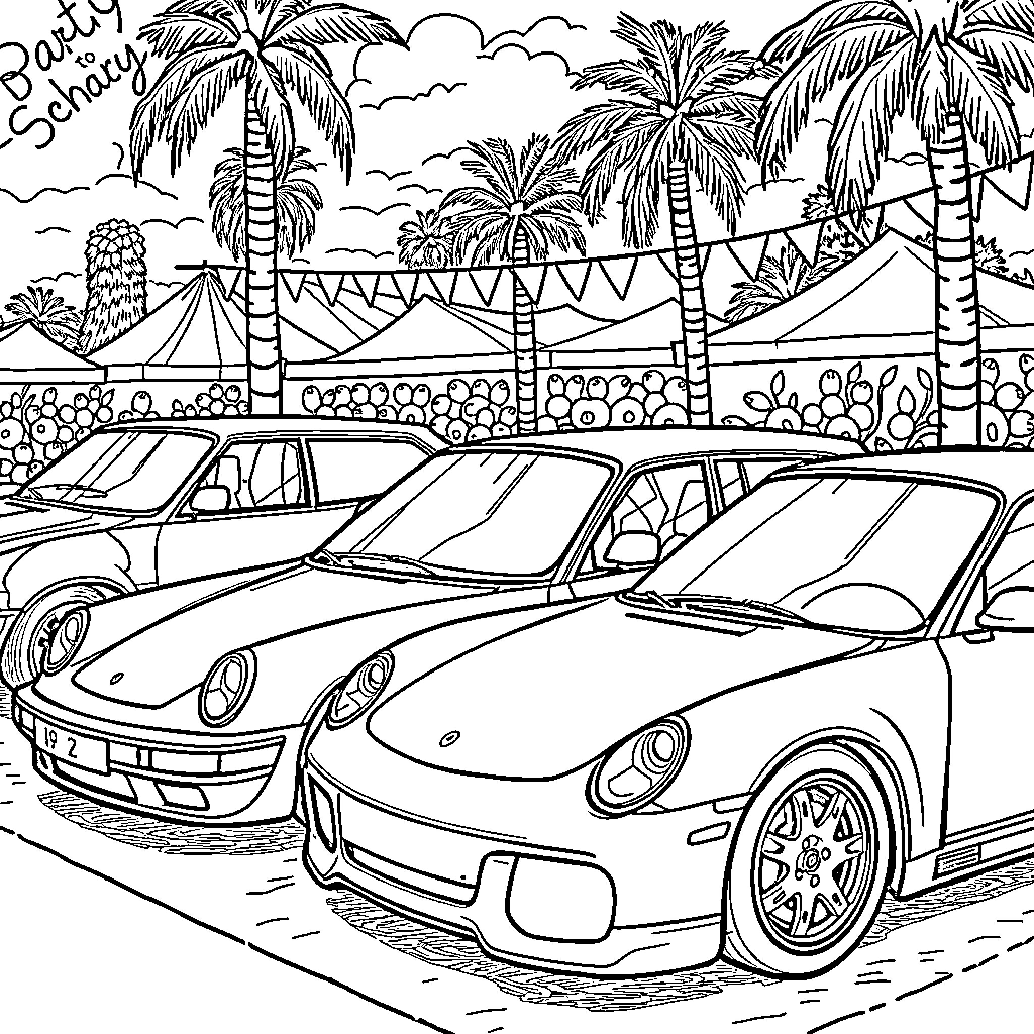 Car Party Scene with Beach Decor Coloring Page (free black-and-white line drawing printable PDF for all, from beginners to advanced learners, including children, teens, adults, and seniors)