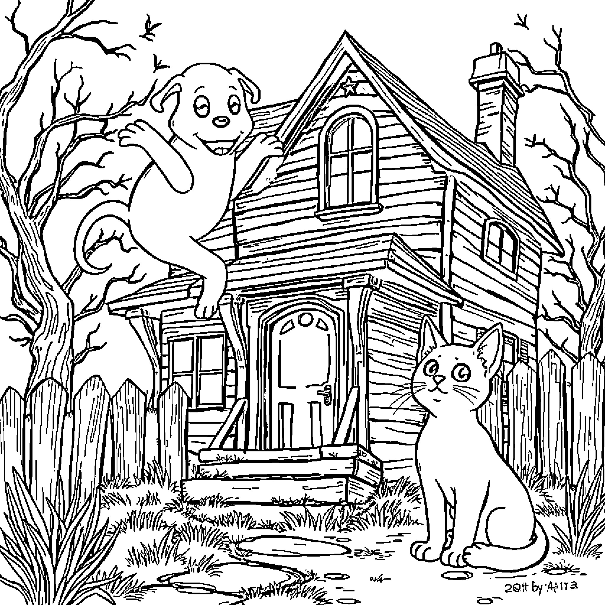 Dog Playfully Haunting Spooky House with Cat Coloring Page (free black-and-white line drawing printable PDF for all, from beginners to advanced learners, including children, teens, adults, and seniors)
