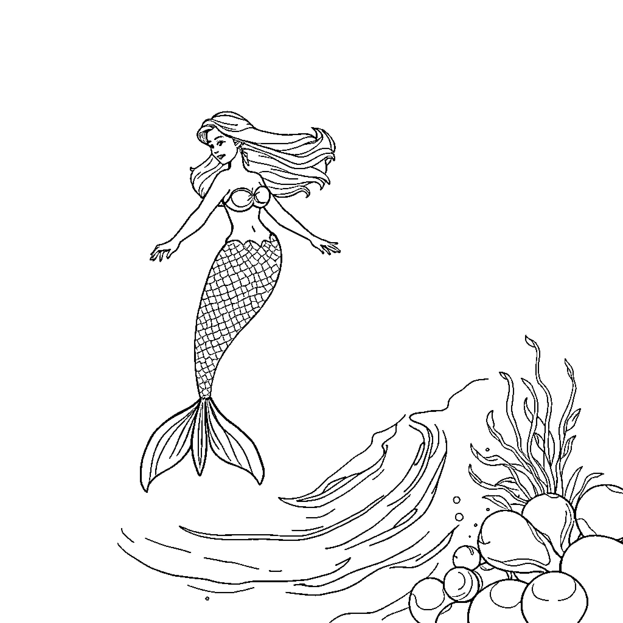 Mermaid swimming gracefully in the ocean Coloring Page (free black-and-white line drawing printable PDF for all, from beginners to advanced learners, including children, teens, adults, and seniors)
