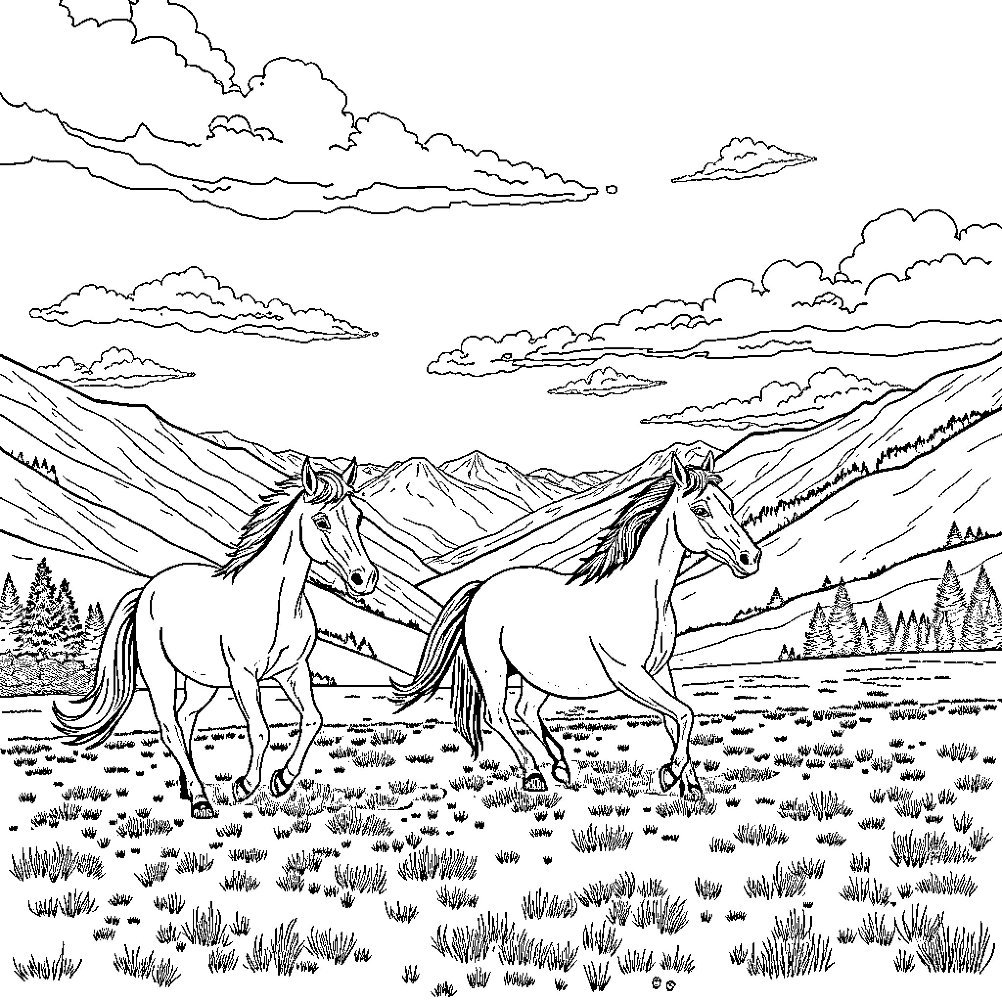 Horse pair grazing in scenic mountain landscape Coloring Page (free black-and-white line drawing printable PDF for all, from beginners to advanced learners, including children, teens, adults, and seniors)