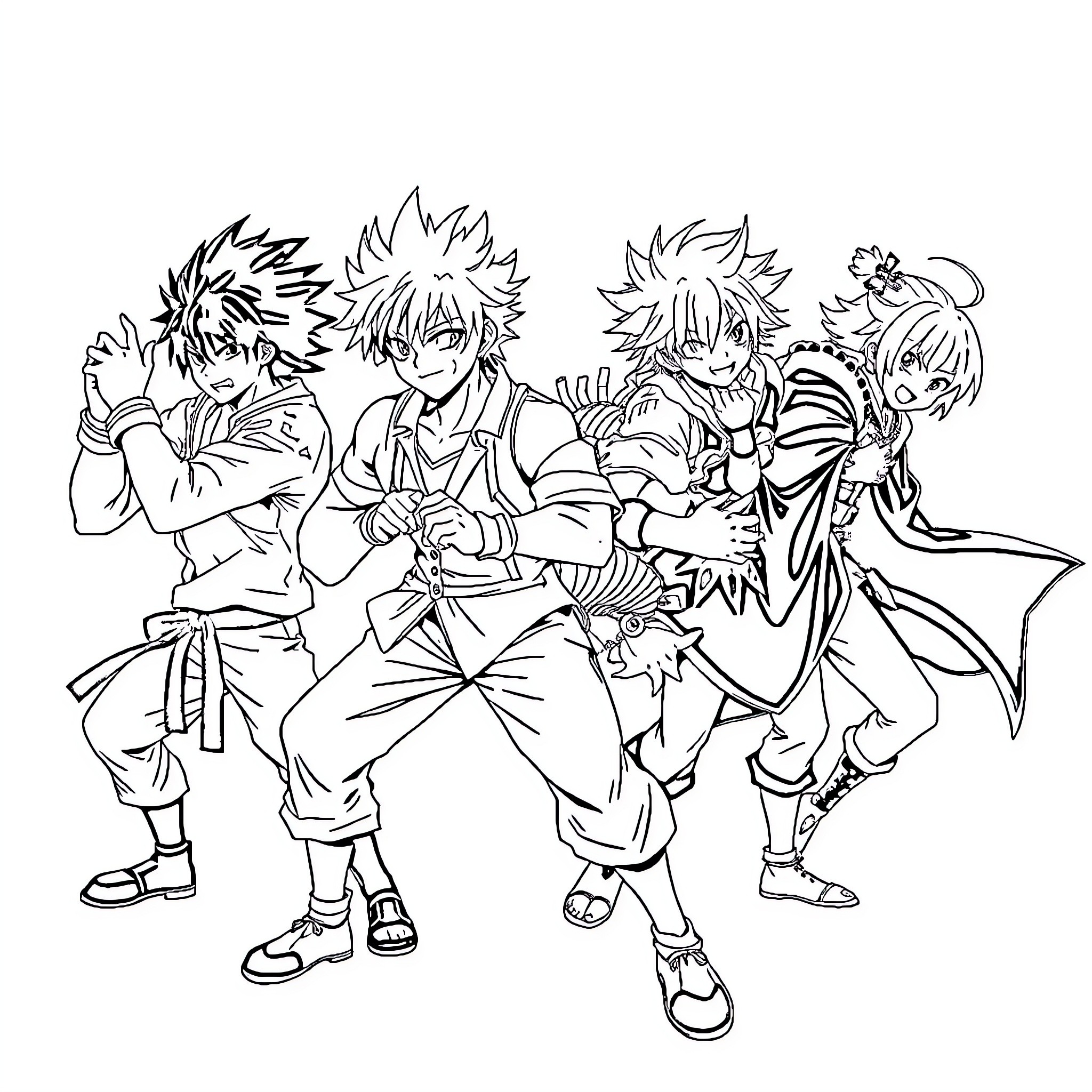 Ikki Tousen group in action-packed poses Coloring Page (free black-and-white line drawing printable PDF for all, from beginners to advanced learners, including children, teens, adults, and seniors)