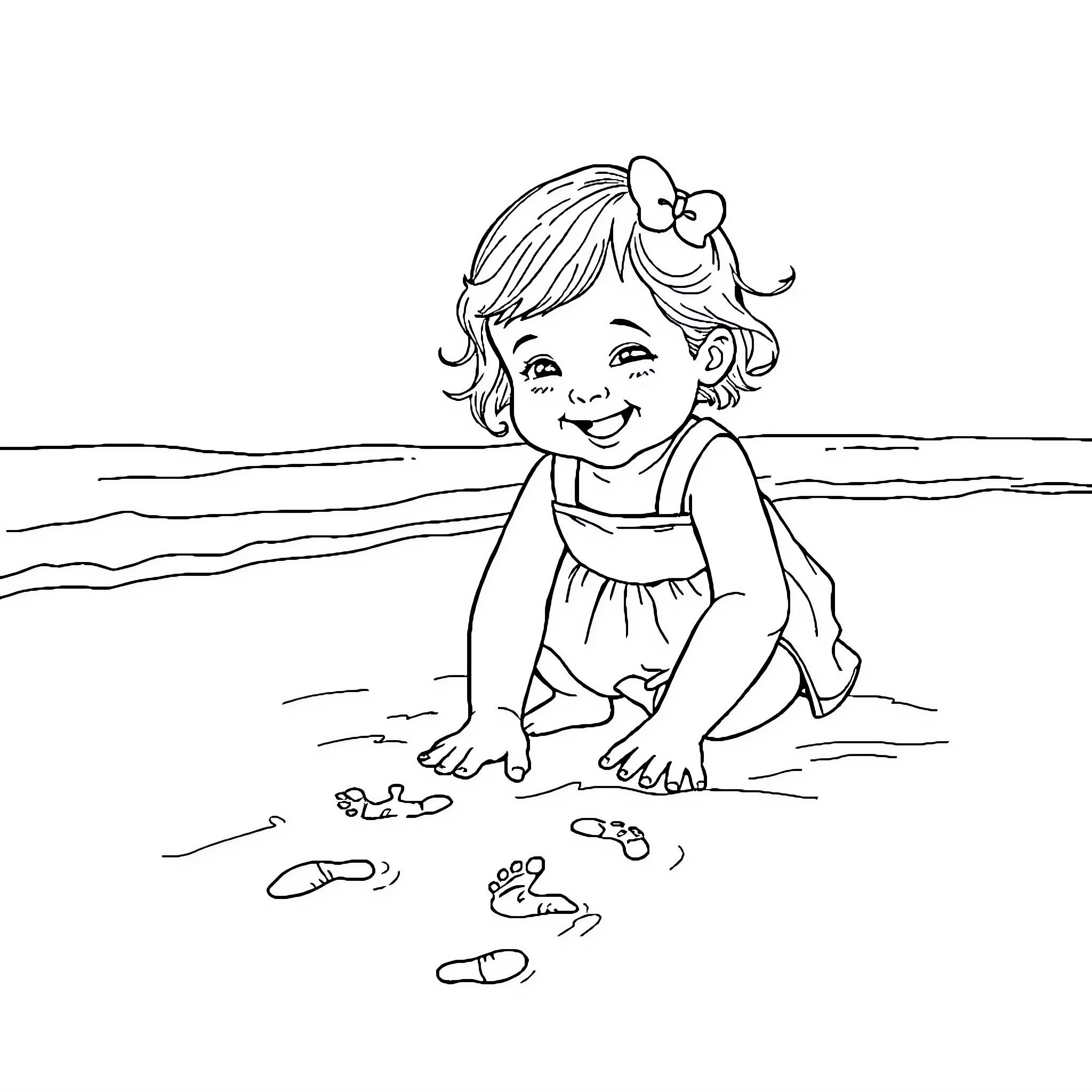 Baby Girl Playing Happily on the Beach Coloring Page (free black-and-white line drawing printable PDF for all, from beginners to advanced learners, including children, teens, adults, and seniors)