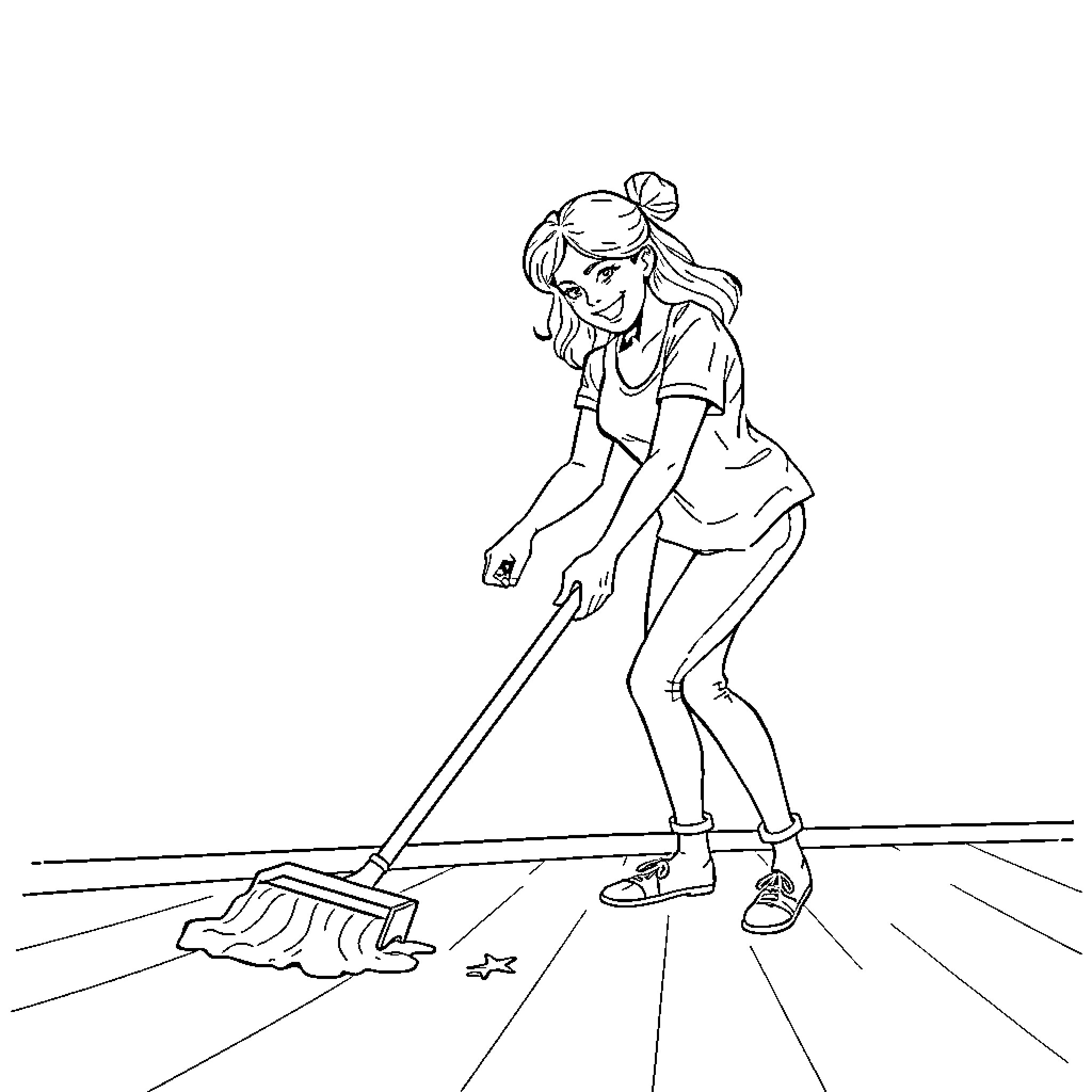 Feminist Sweeping Floor with Determination Coloring Page (free black-and-white line drawing printable PDF for all, from beginners to advanced learners, including children, teens, adults, and seniors)