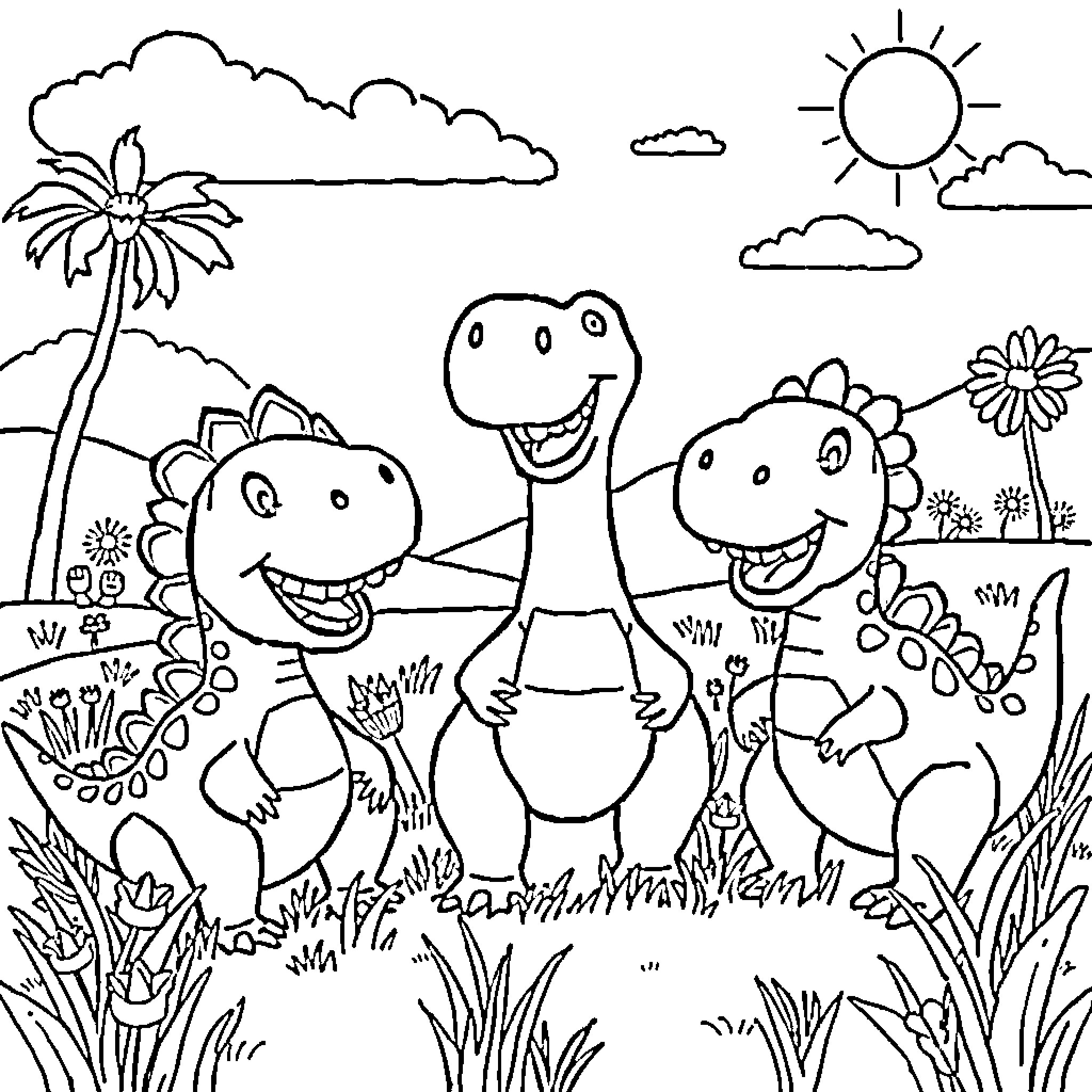 Dinosaurs playing happily in nature Coloring Page (free black-and-white line drawing printable PDF for all, from beginners to advanced learners, including children, teens, adults, and seniors)