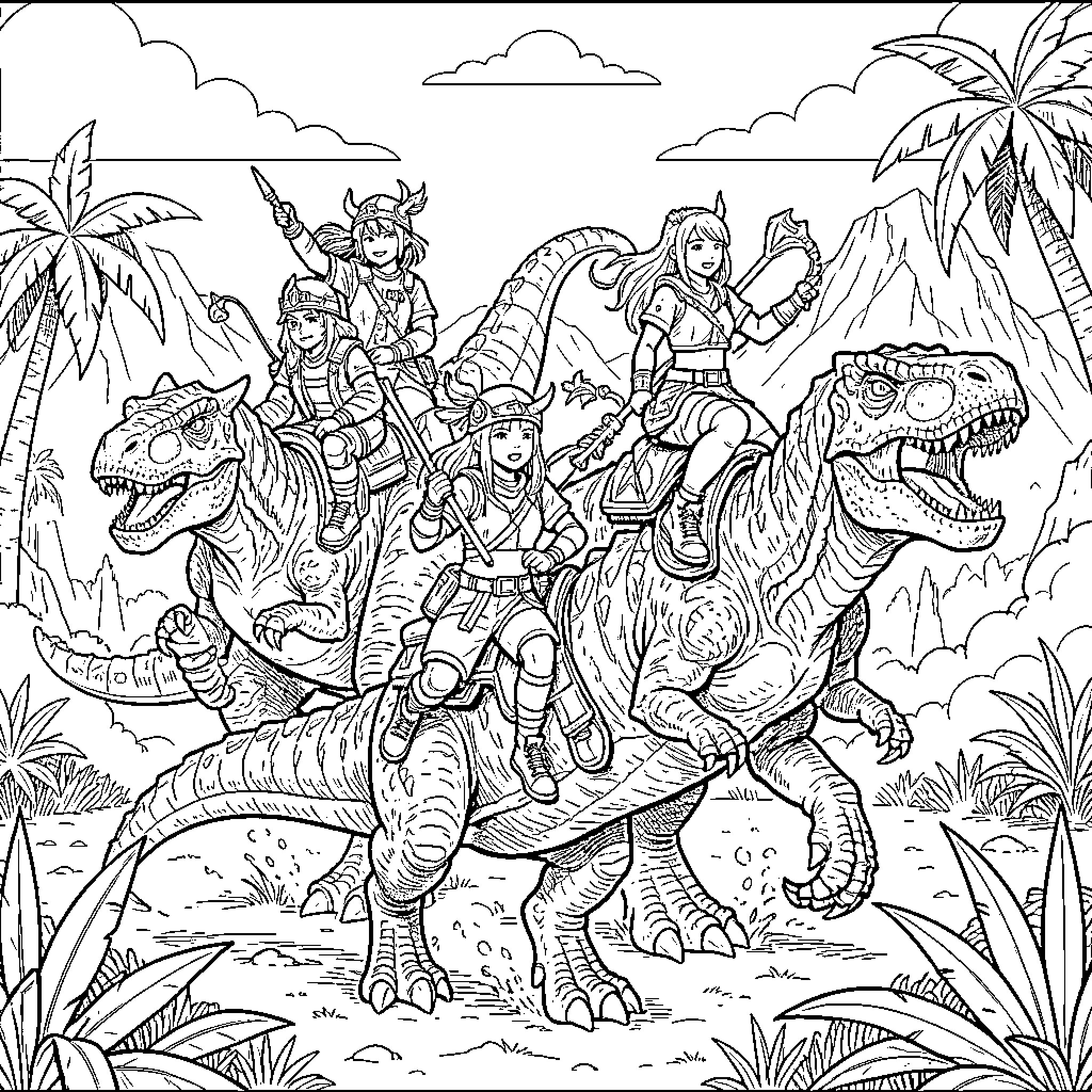 Demon Hunters Riding Ferocious Dinosaurs in Tropical Jungle Coloring Page (free black-and-white line drawing printable PDF for all, from beginners to advanced learners, including children, teens, adults, and seniors)