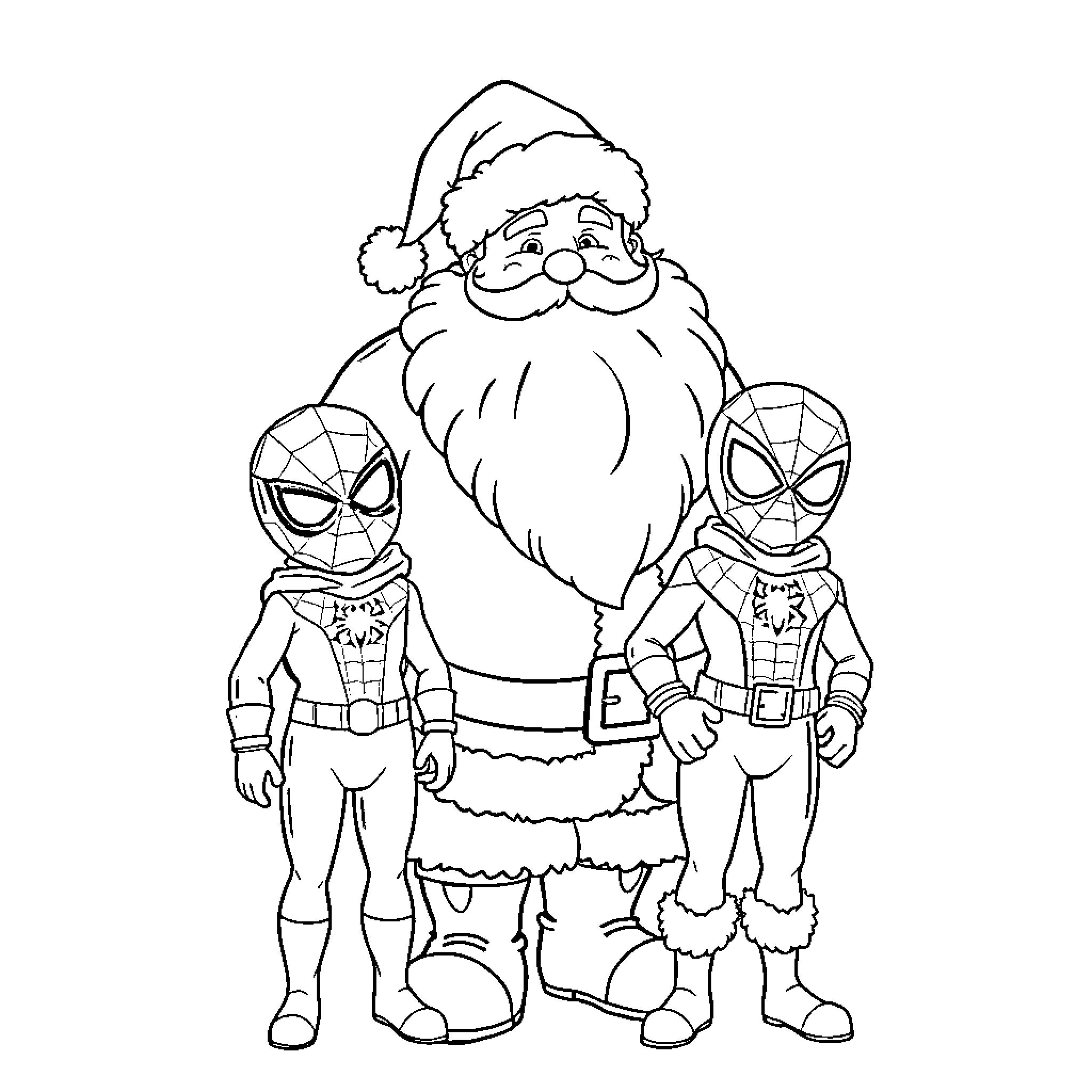 Santa Claus with Spider-Man heroes in festive outfits Coloring Page (free black-and-white line drawing printable PDF for all, from beginners to advanced learners, including children, teens, adults, and seniors)