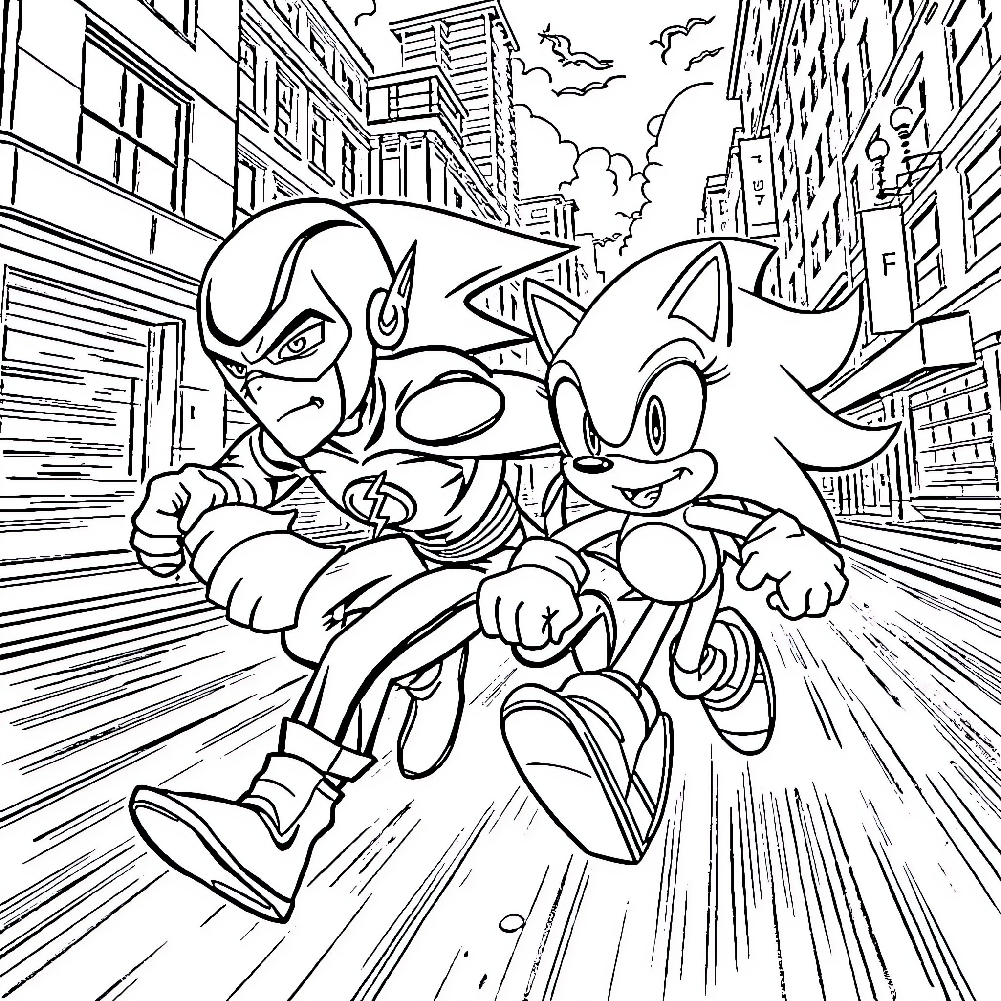 Flash Heroes Race Through the City Coloring Page (free black-and-white line drawing printable PDF for all, from beginners to advanced learners, including children, teens, adults, and seniors)