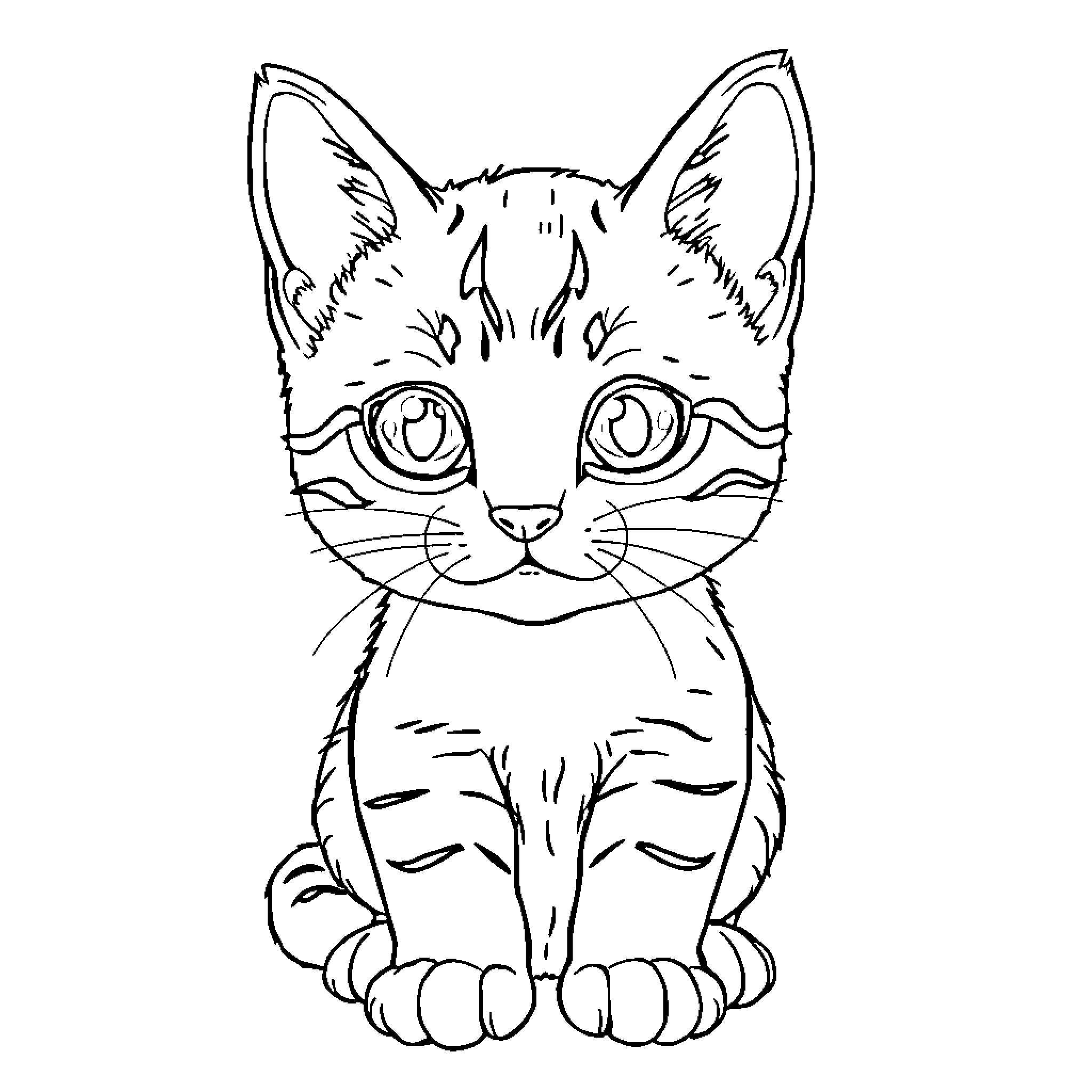 Kitten with big eyes and alert expression Coloring Page (free black-and-white line drawing printable PDF for all, from beginners to advanced learners, including children, teens, adults, and seniors)