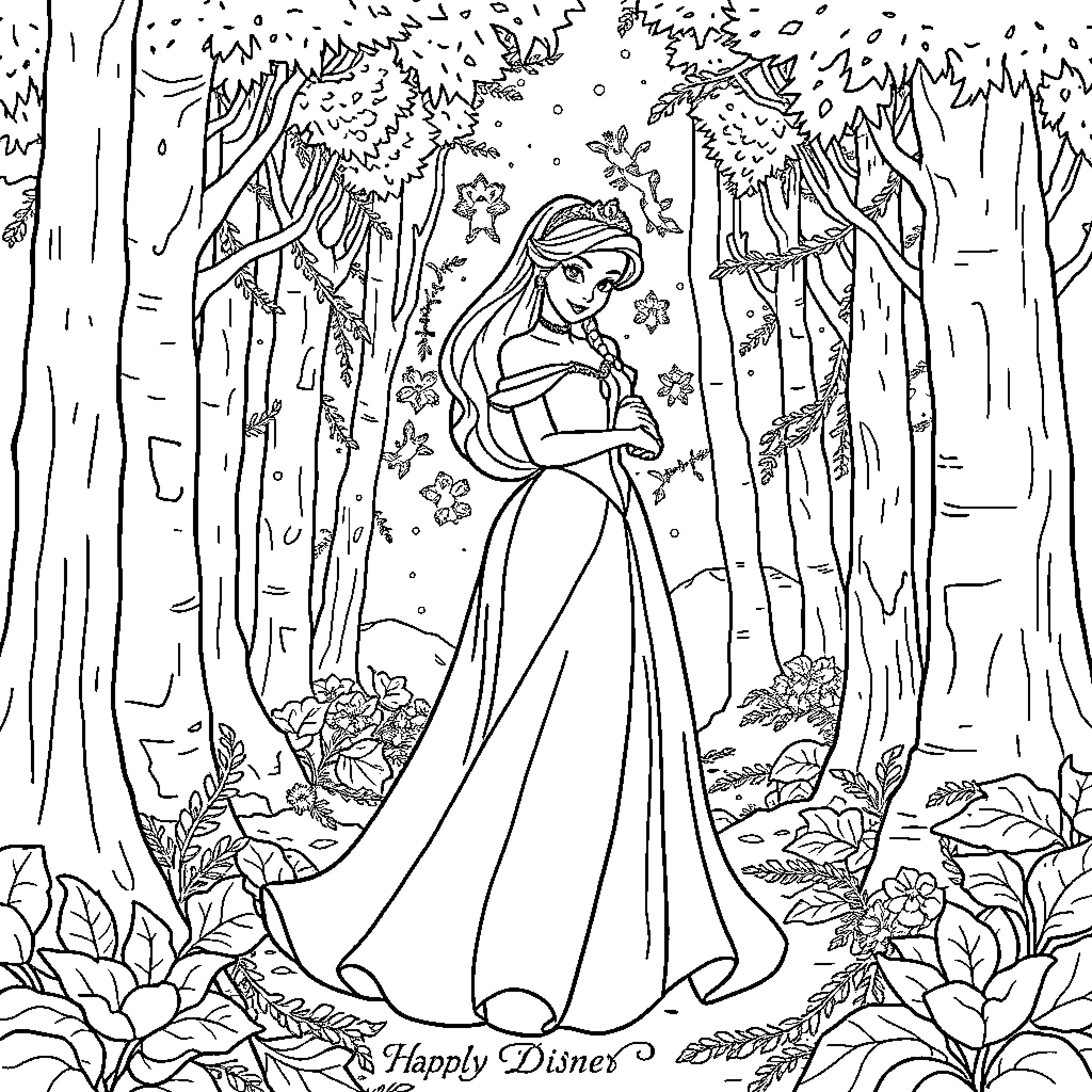 Disney Princess in a Magical Forest Wonderland Coloring Page (free black-and-white line drawing printable PDF for all, from beginners to advanced learners, including children, teens, adults, and seniors)