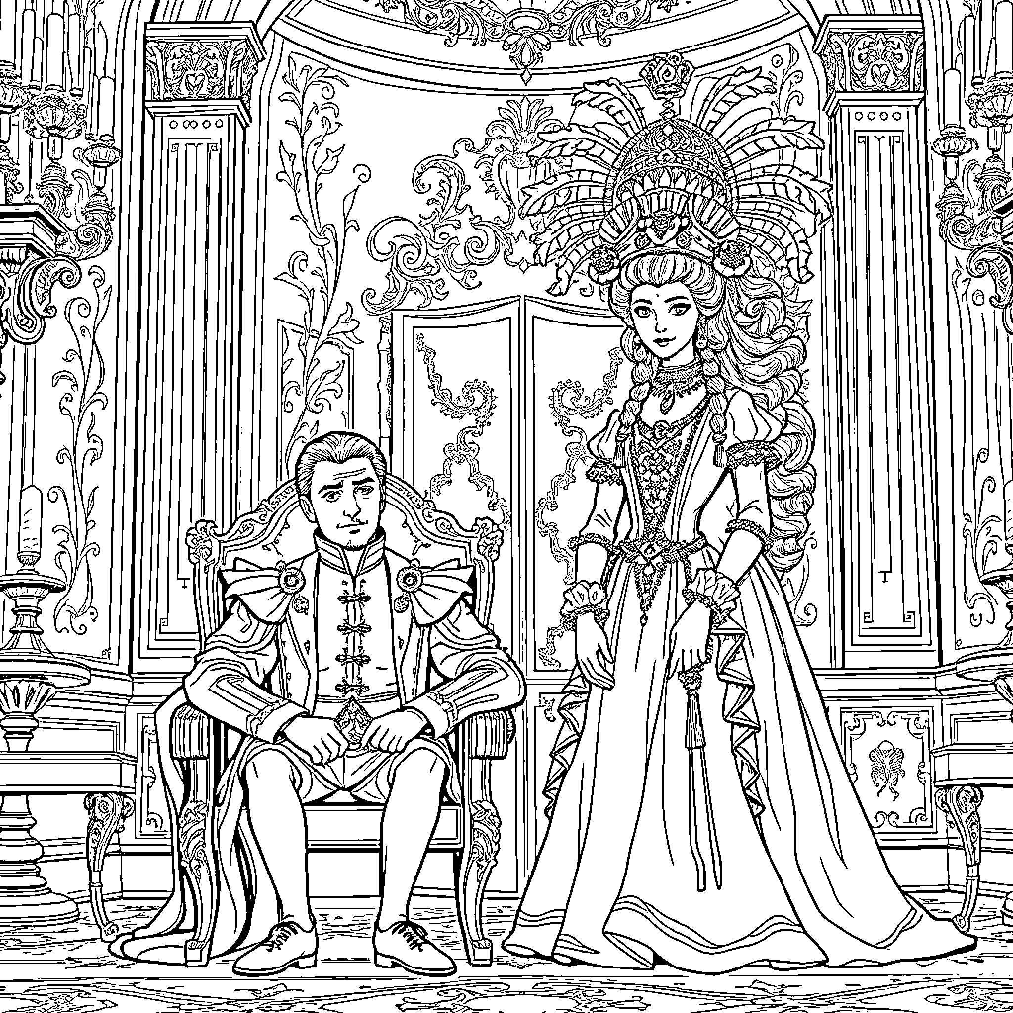 King and Queen in Ornate Regal Attire Coloring Page (free black-and-white line drawing printable PDF for all, from beginners to advanced learners, including children, teens, adults, and seniors)