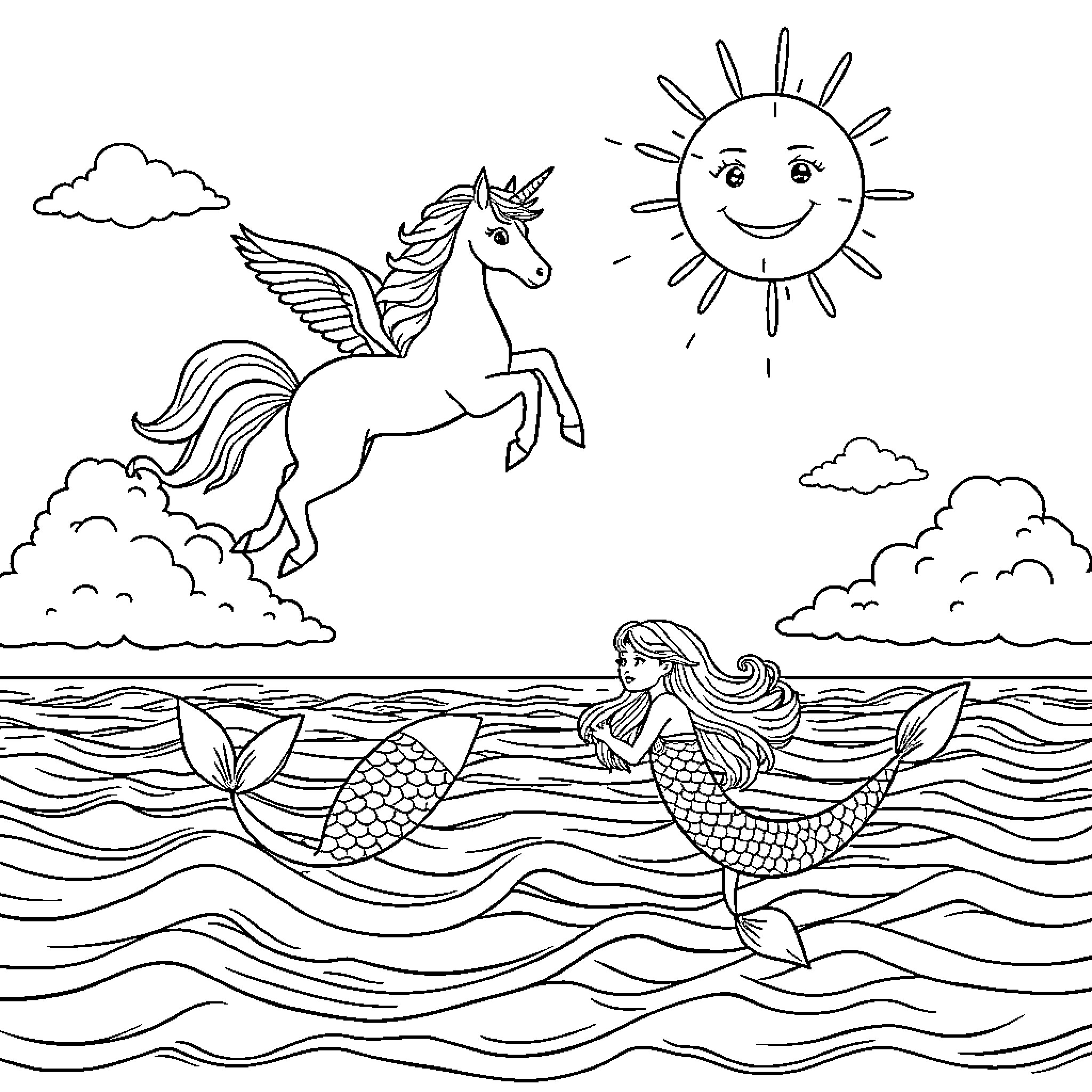 Unicorn soaring over the waves with a mermaid Coloring Page (free black-and-white line drawing printable PDF for all, from beginners to advanced learners, including children, teens, adults, and seniors)