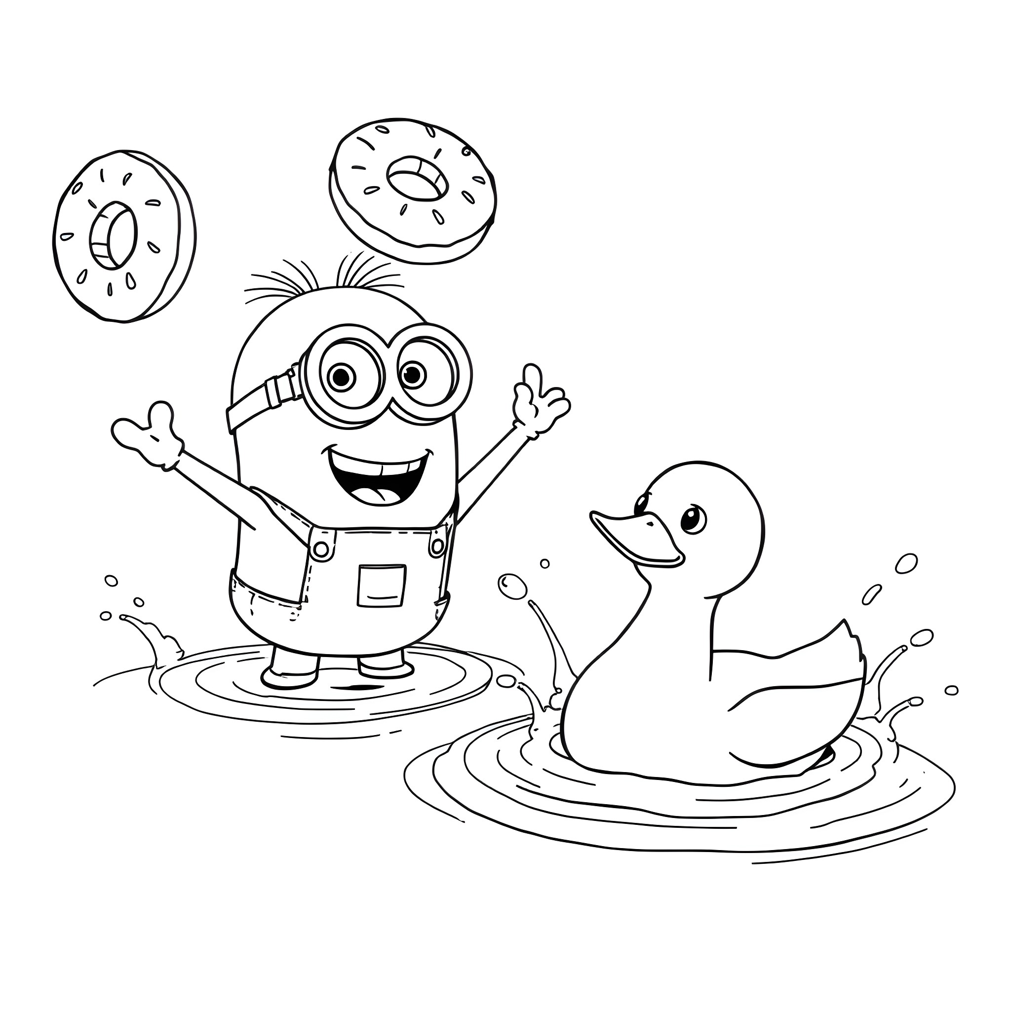 Minion playing happily with rubber duck in puddle Coloring Page (free black-and-white line drawing printable PDF for all, from beginners to advanced learners, including children, teens, adults, and seniors)