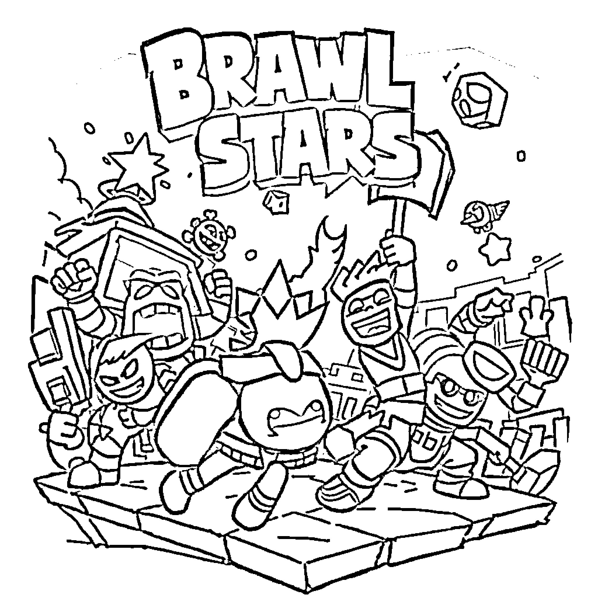 Brawl Stars: Chaotic Battle with Colorful Characters Coloring Page (free black-and-white line drawing printable PDF for all, from beginners to advanced learners, including children, teens, adults, and seniors)