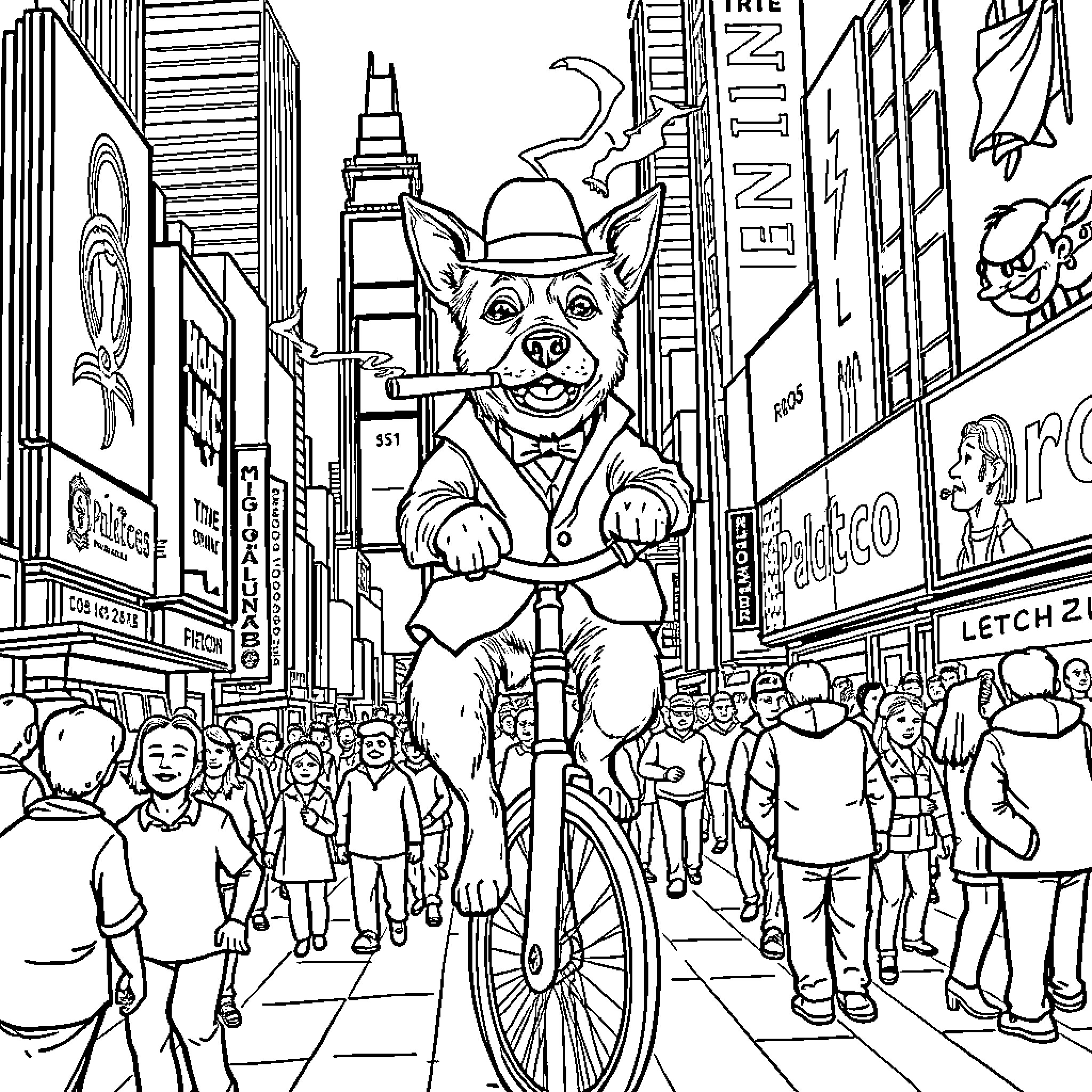 Dog on a bicycle in a crowded city street Coloring Page (free black-and-white line drawing printable PDF for all, from beginners to advanced learners, including children, teens, adults, and seniors)