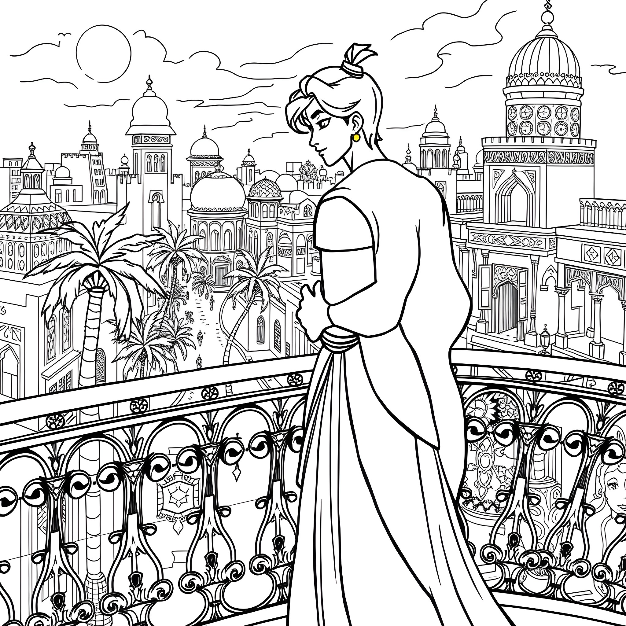 Jasmine gazing out over the ornate Middle Eastern city Coloring Page (free black-and-white line drawing printable PDF for all, from beginners to advanced learners, including children, teens, adults, and seniors)