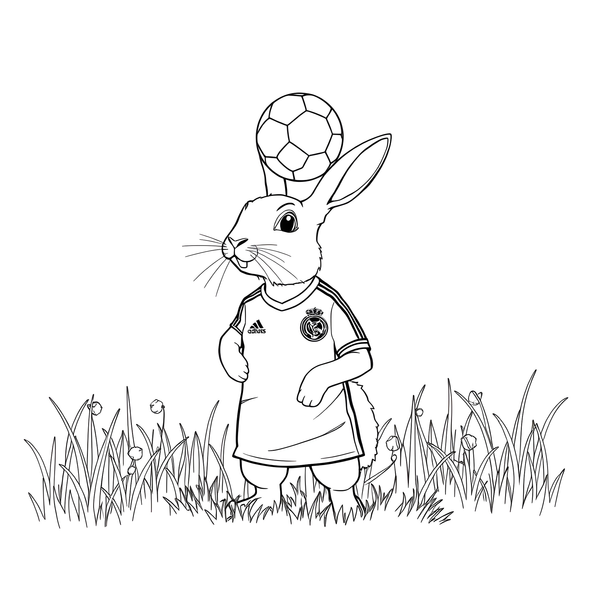 Manuel Neuer the Rabbit Playing Soccer in the Grass Coloring Page (free black-and-white line drawing printable PDF for all, from beginners to advanced learners, including children, teens, adults, and seniors)