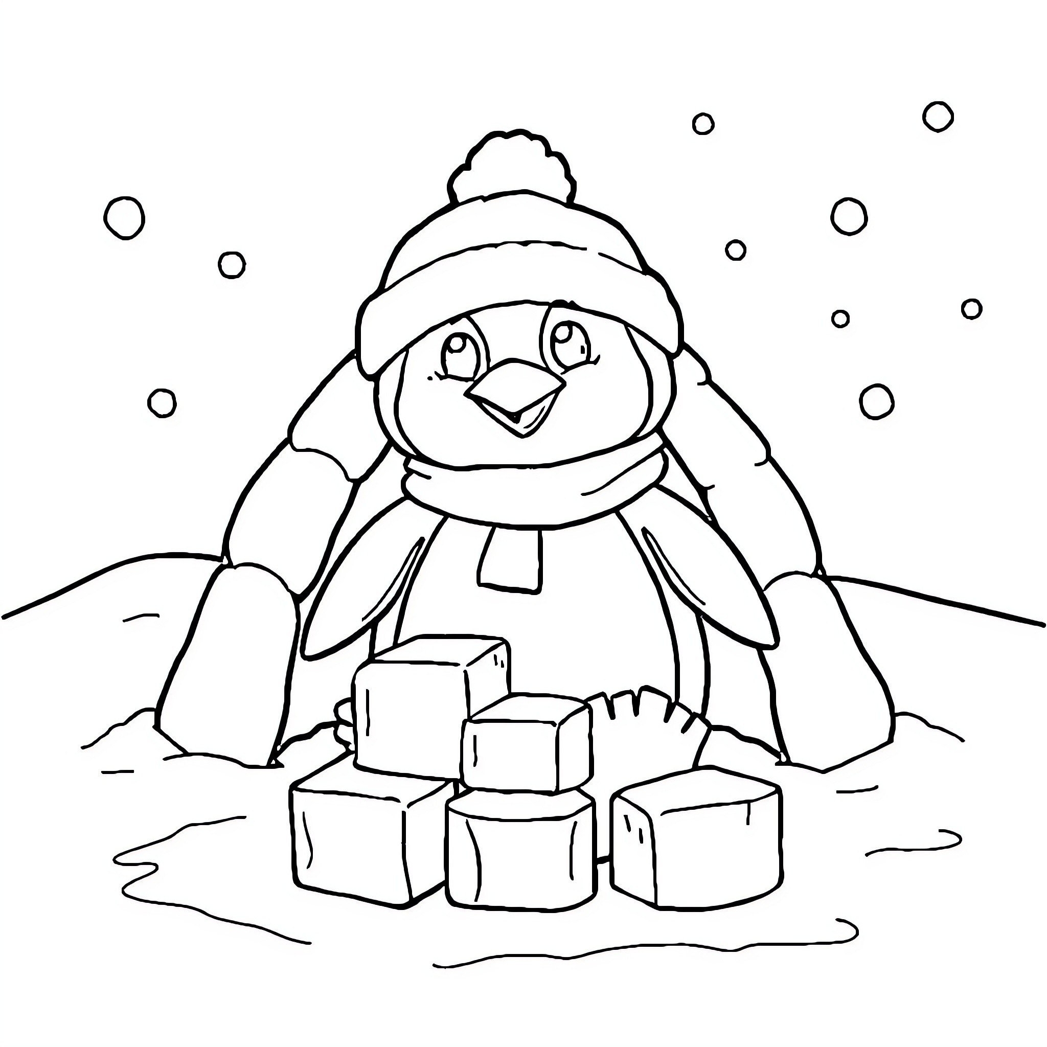 Penguin Playing in the Snow Coloring Page (free black-and-white line drawing printable PDF for all, from beginners to advanced learners, including children, teens, adults, and seniors)