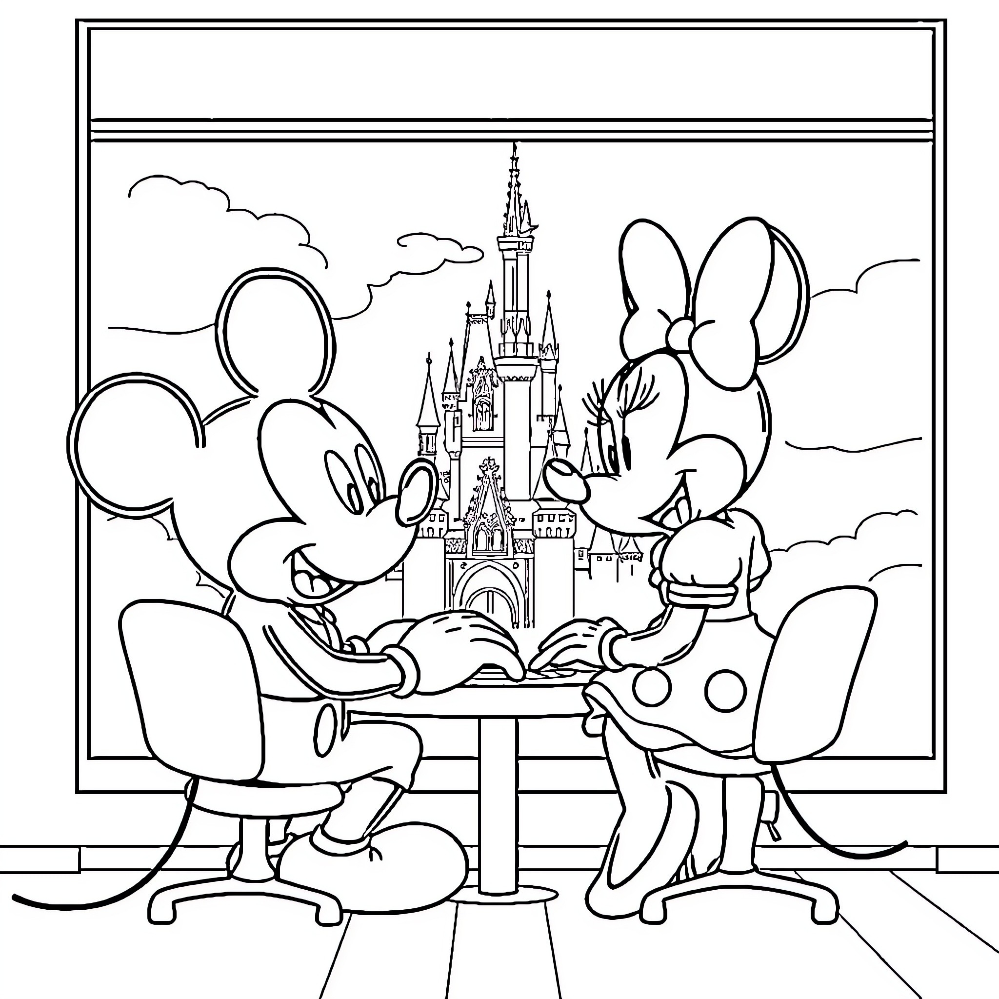 Mickey Mouse and Minnie Mouse at the Disney Castle Coloring Page (free black-and-white line drawing printable PDF for all, from beginners to advanced learners, including children, teens, adults, and seniors)