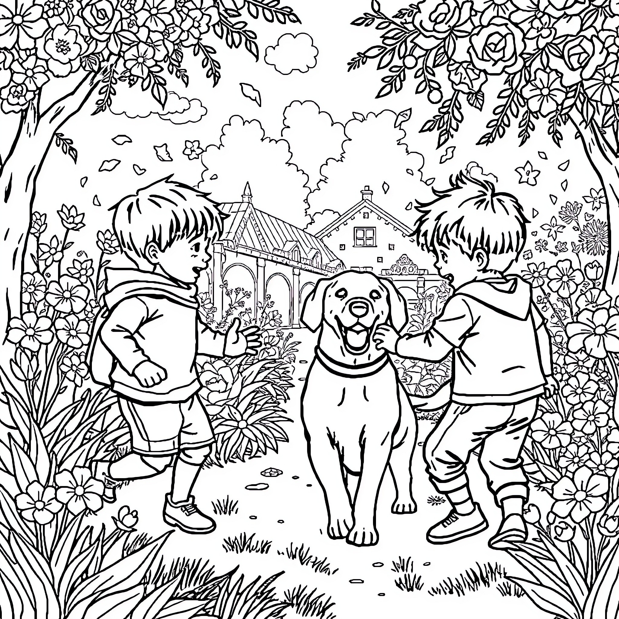 Child's Outdoor Adventure with Pet Coloring Page (free black-and-white line drawing printable PDF for all, from beginners to advanced learners, including children, teens, adults, and seniors)