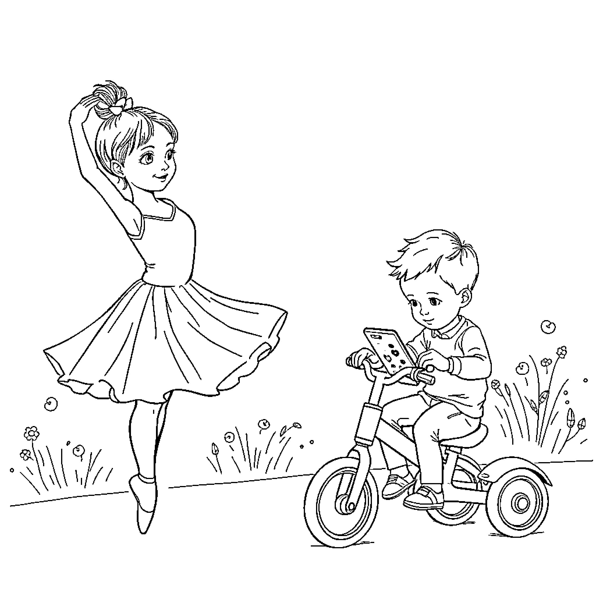 Child ballerina and boy on bicycle in the park Coloring Page (free black-and-white line drawing printable PDF for all, from beginners to advanced learners, including children, teens, adults, and seniors)