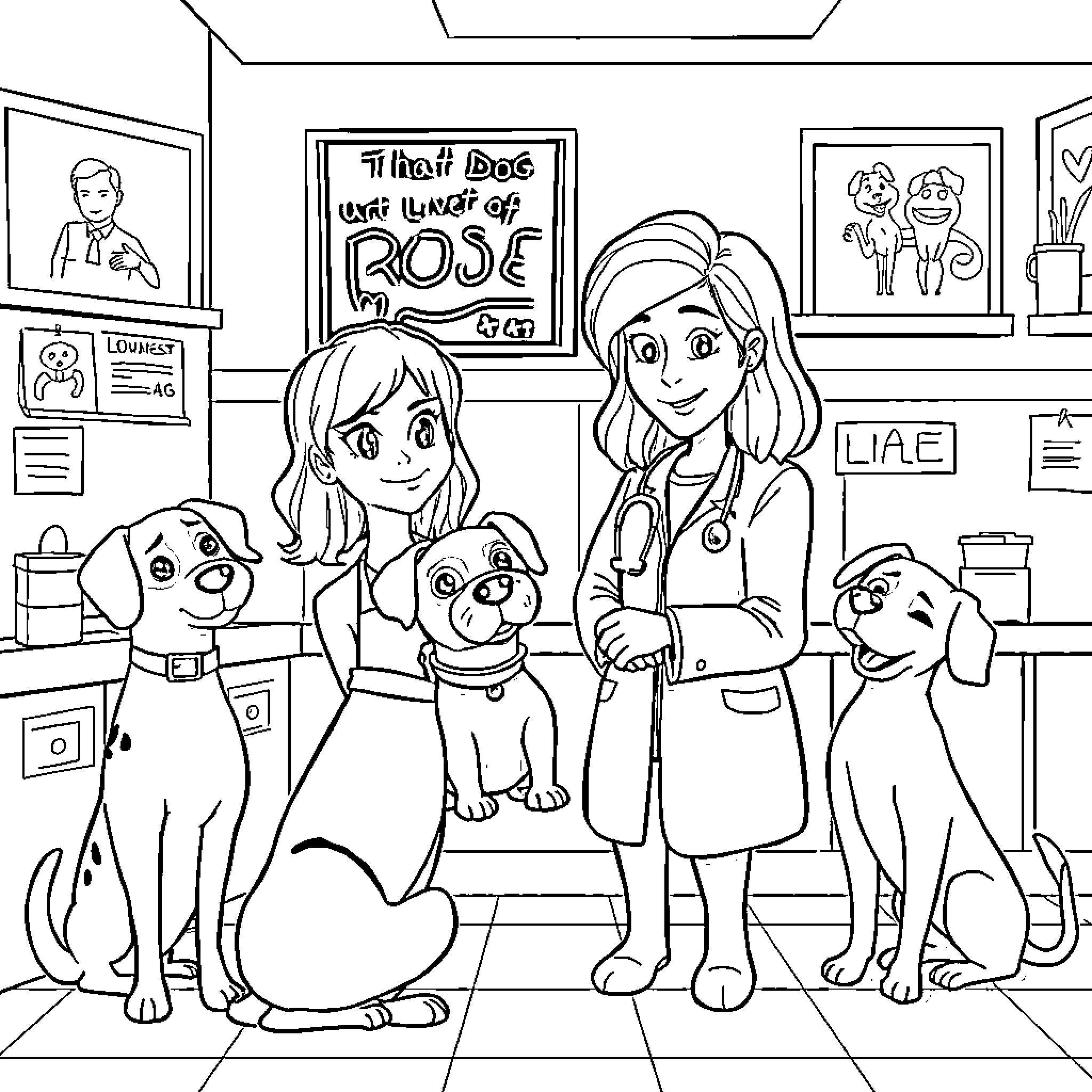 Dog and girl veterinarian caring for pets in clinic Coloring Page (free black-and-white line drawing printable PDF for all, from beginners to advanced learners, including children, teens, adults, and seniors)