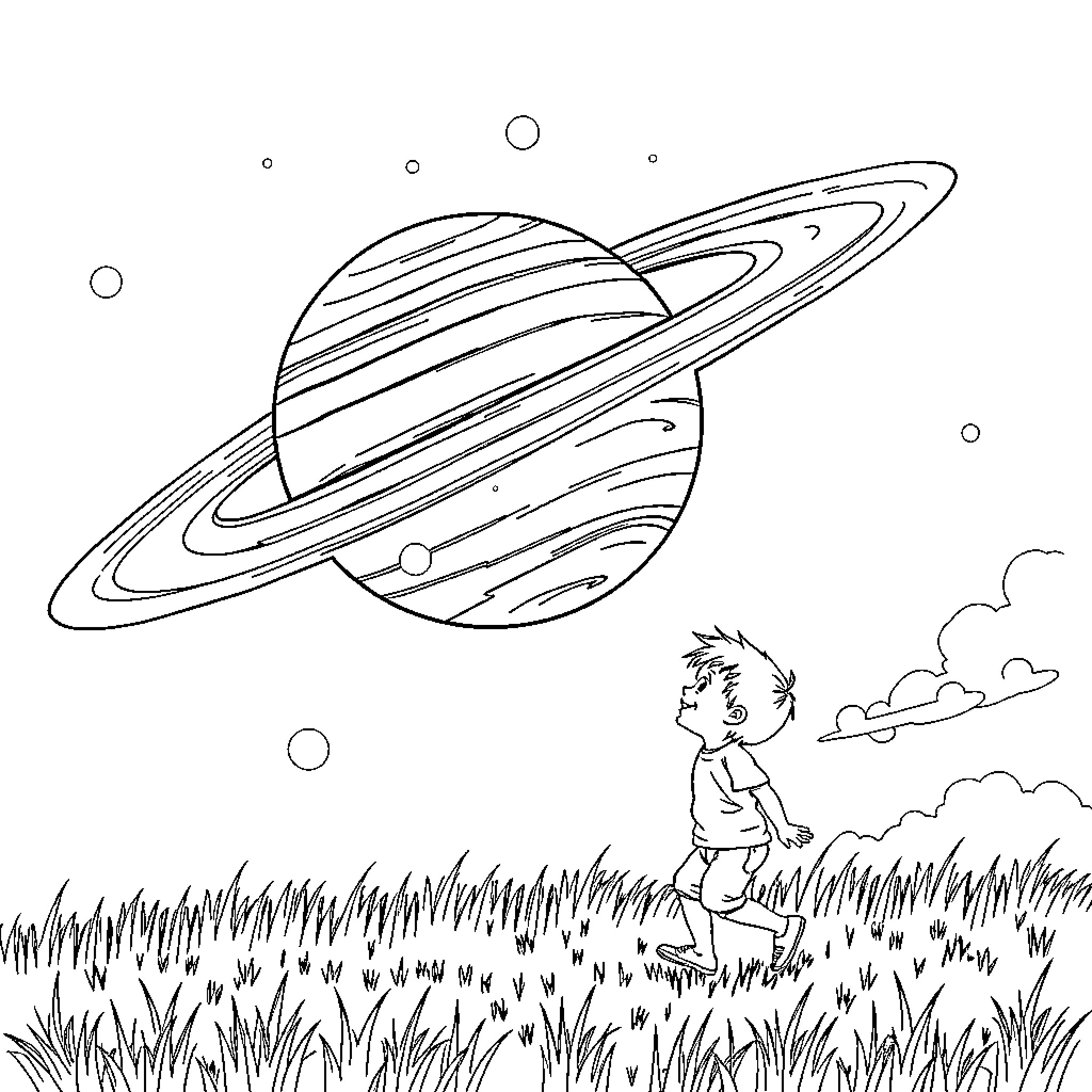 Saturn planet and curious child exploring nature Coloring Page (free black-and-white line drawing printable PDF for all, from beginners to advanced learners, including children, teens, adults, and seniors)