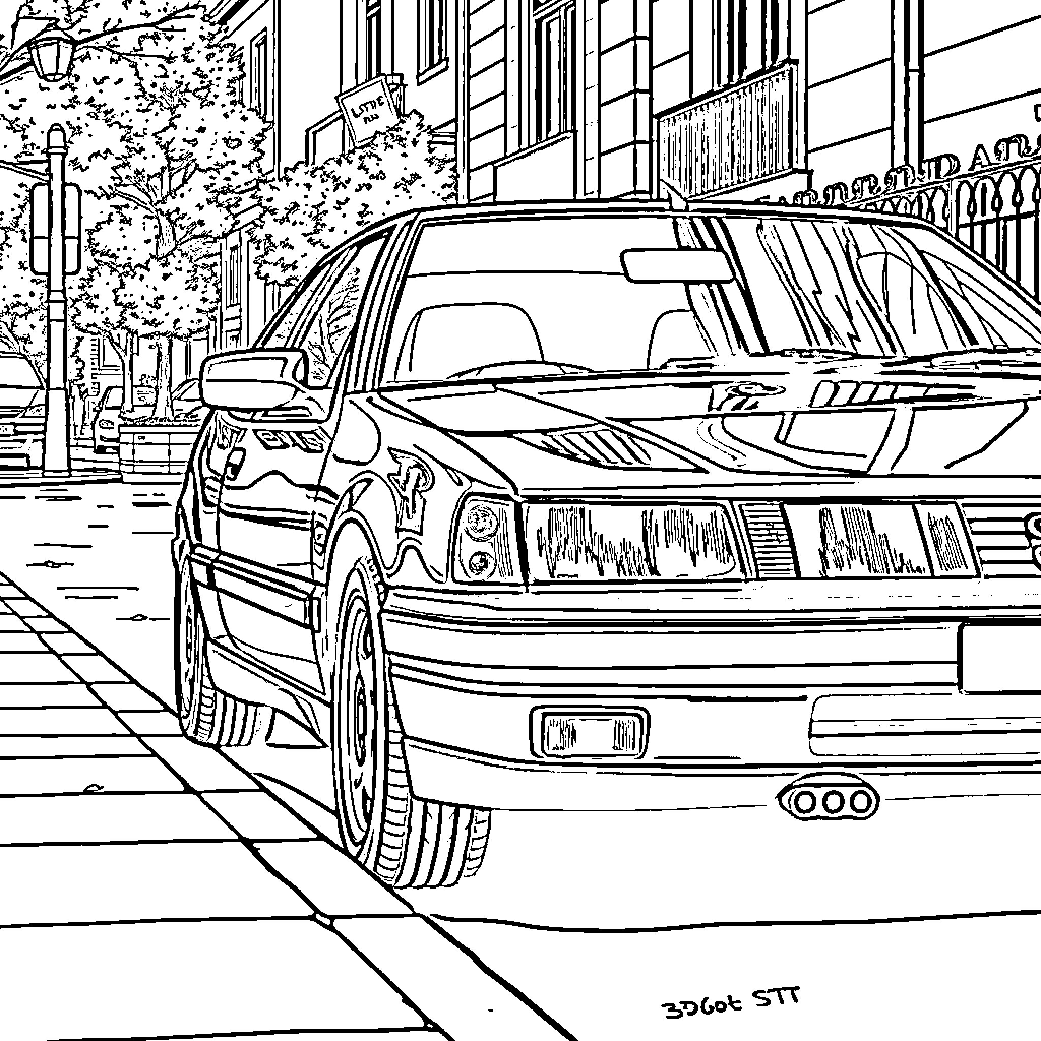 Peugeot Car Parked on City Street Coloring Page (free black-and-white line drawing printable PDF for all, from beginners to advanced learners, including children, teens, adults, and seniors)