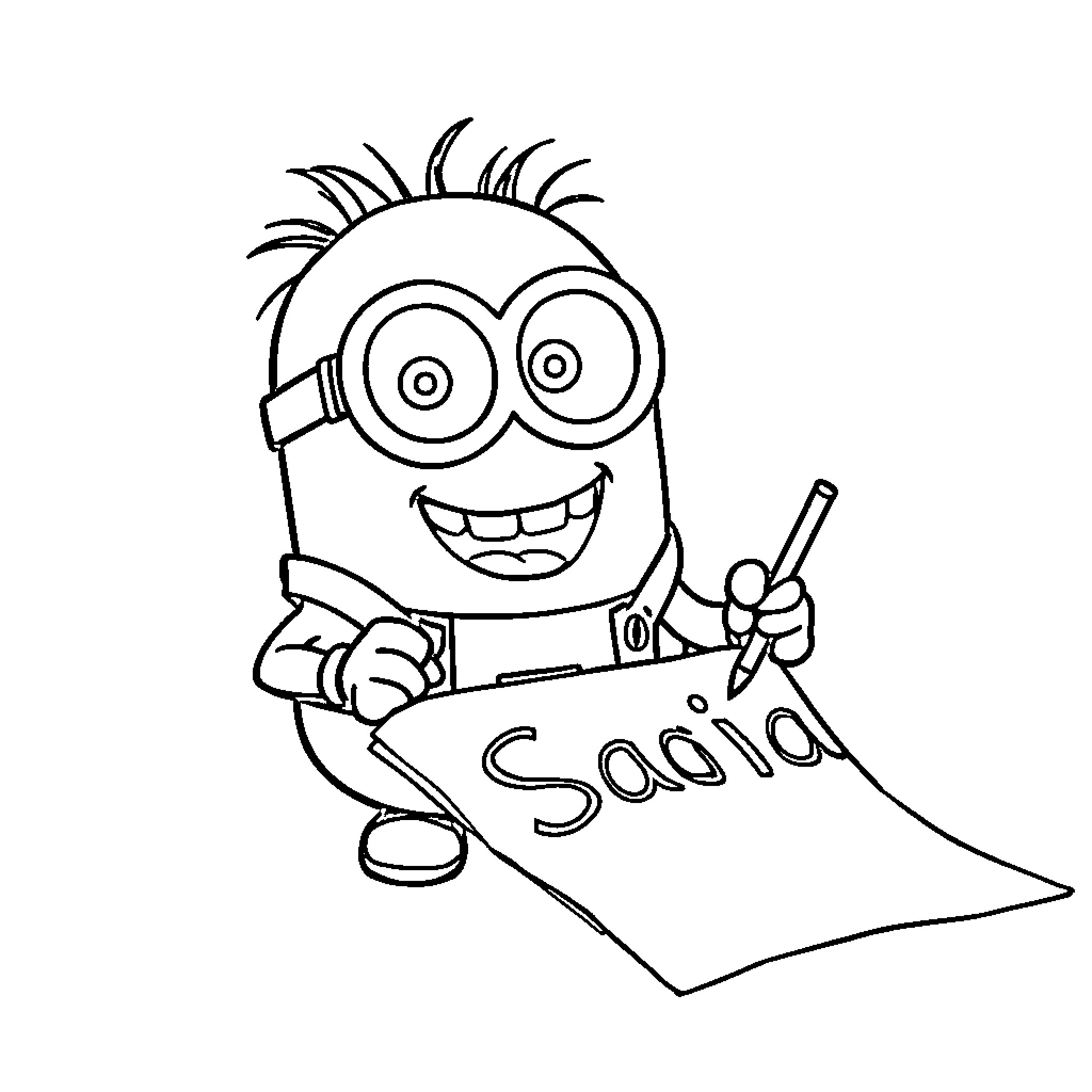 Minion joyfully drawing on a large paper Coloring Page (free black-and-white line drawing printable PDF for all, from beginners to advanced learners, including children, teens, adults, and seniors)