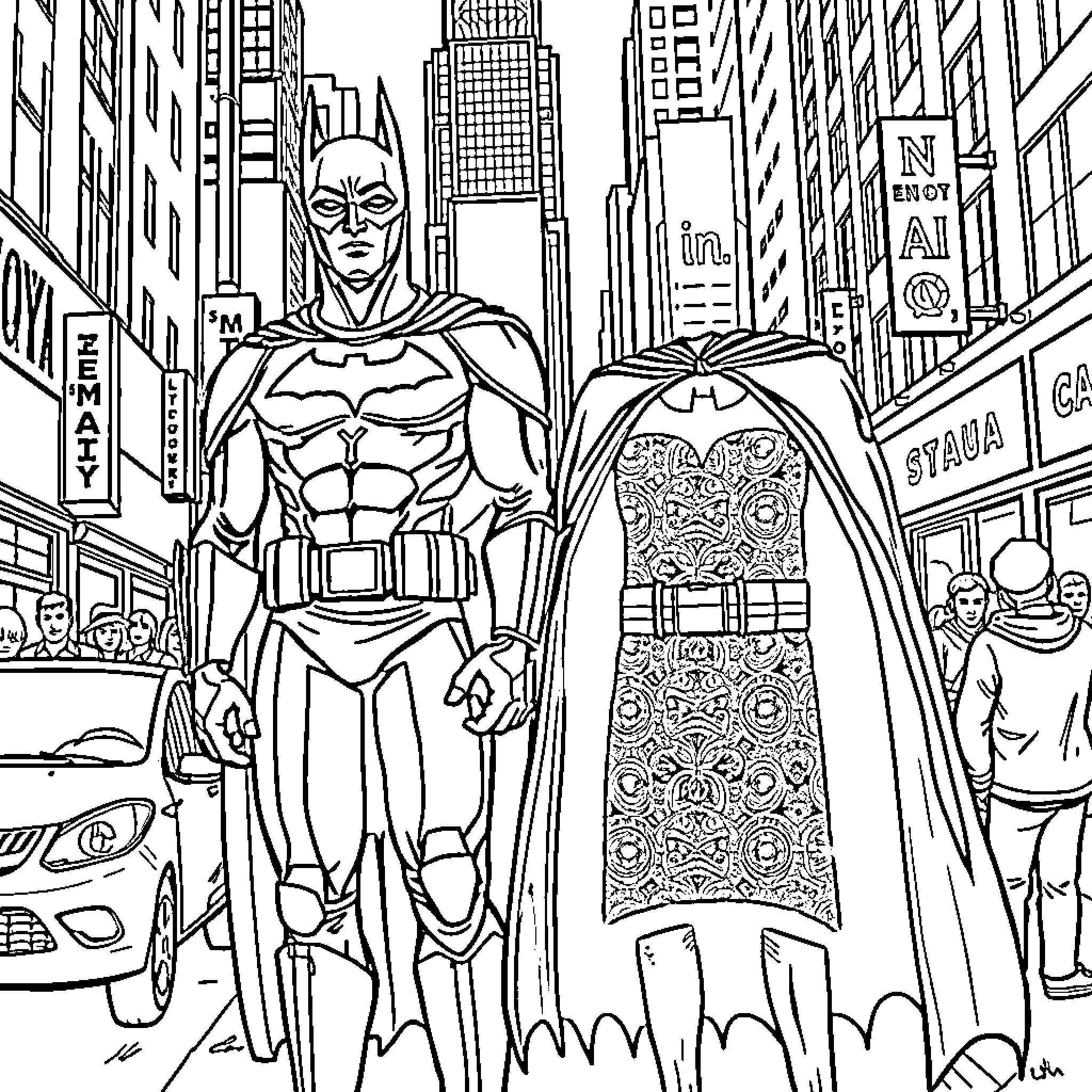 Man in superhero costume standing in bustling city Coloring Page (free black-and-white line drawing printable PDF for all, from beginners to advanced learners, including children, teens, adults, and seniors)