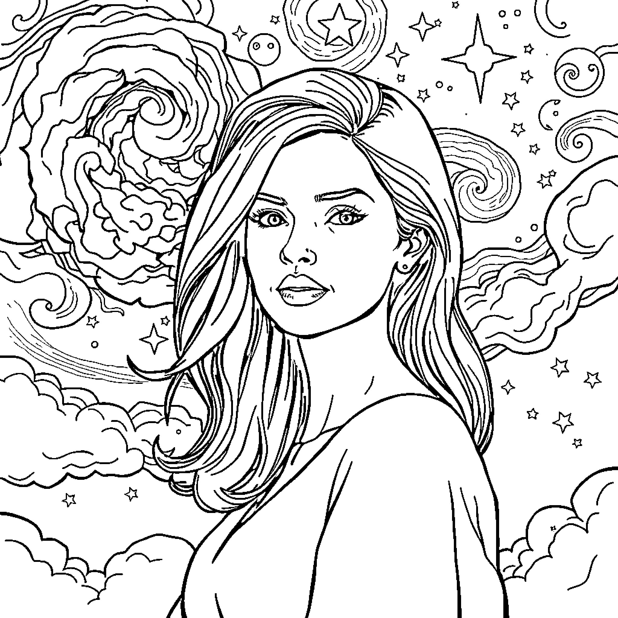 Woman in dreamlike cosmic setting Coloring Page (free black-and-white line drawing printable PDF for all, from beginners to advanced learners, including children, teens, adults, and seniors)