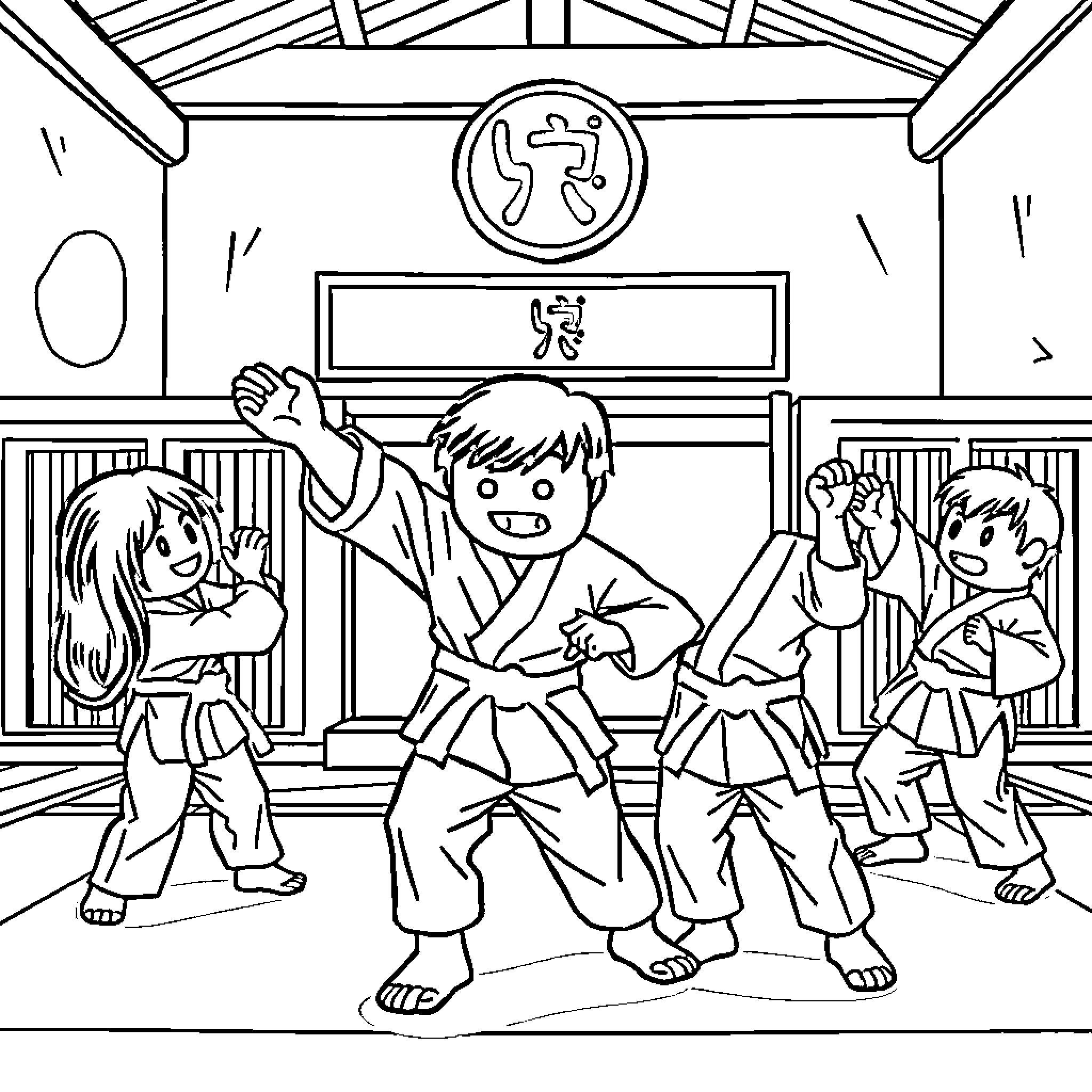 Among Us Karate Kids in Training Coloring Page (free black-and-white line drawing printable PDF for all, from beginners to advanced learners, including children, teens, adults, and seniors)