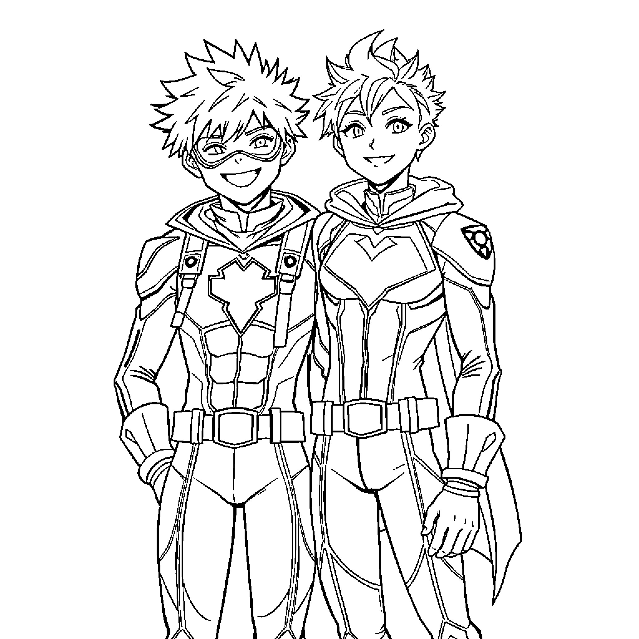 Bakugo and his friend in superhero costumes Coloring Page (free black-and-white line drawing printable PDF for all, from beginners to advanced learners, including children, teens, adults, and seniors)