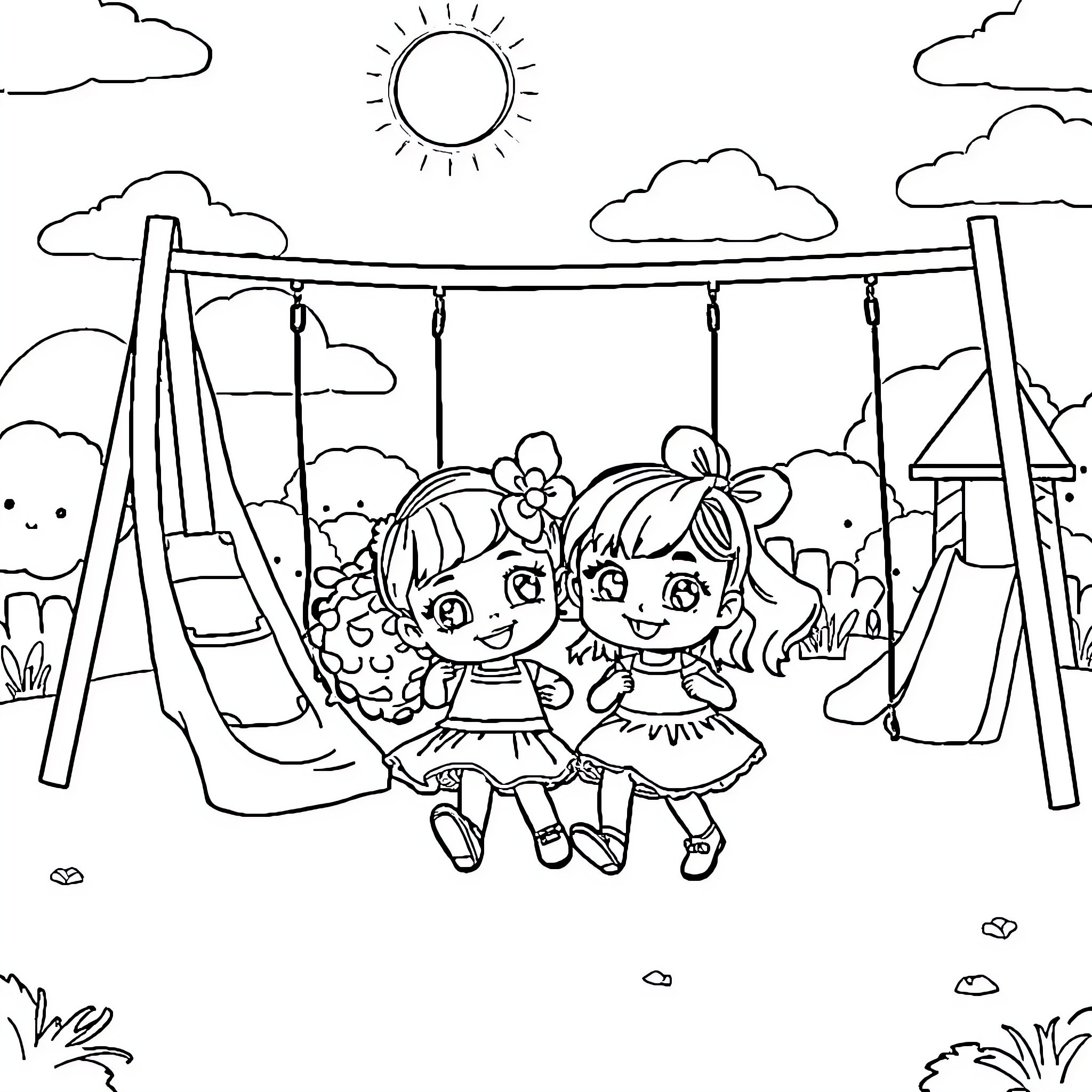 Dollhouse swing play in sunny field Coloring Page (free black-and-white line drawing printable PDF for all, from beginners to advanced learners, including children, teens, adults, and seniors)