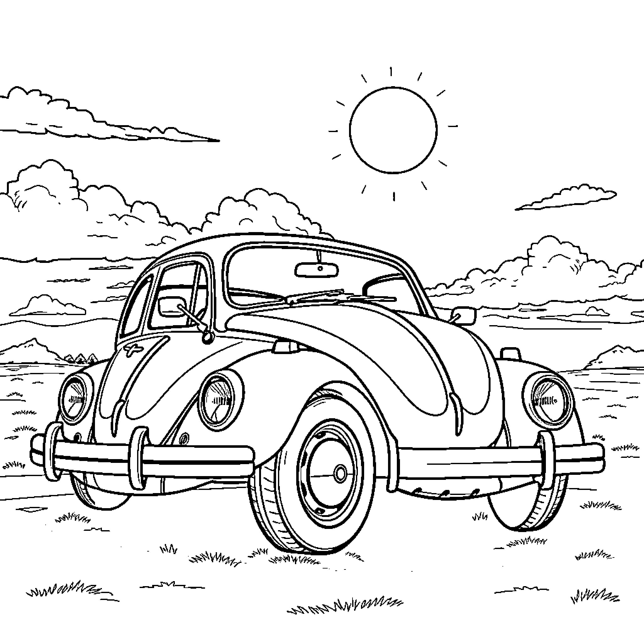 VW Beetle driving on a scenic road Coloring Page (free black-and-white line drawing printable PDF for all, from beginners to advanced learners, including children, teens, adults, and seniors)