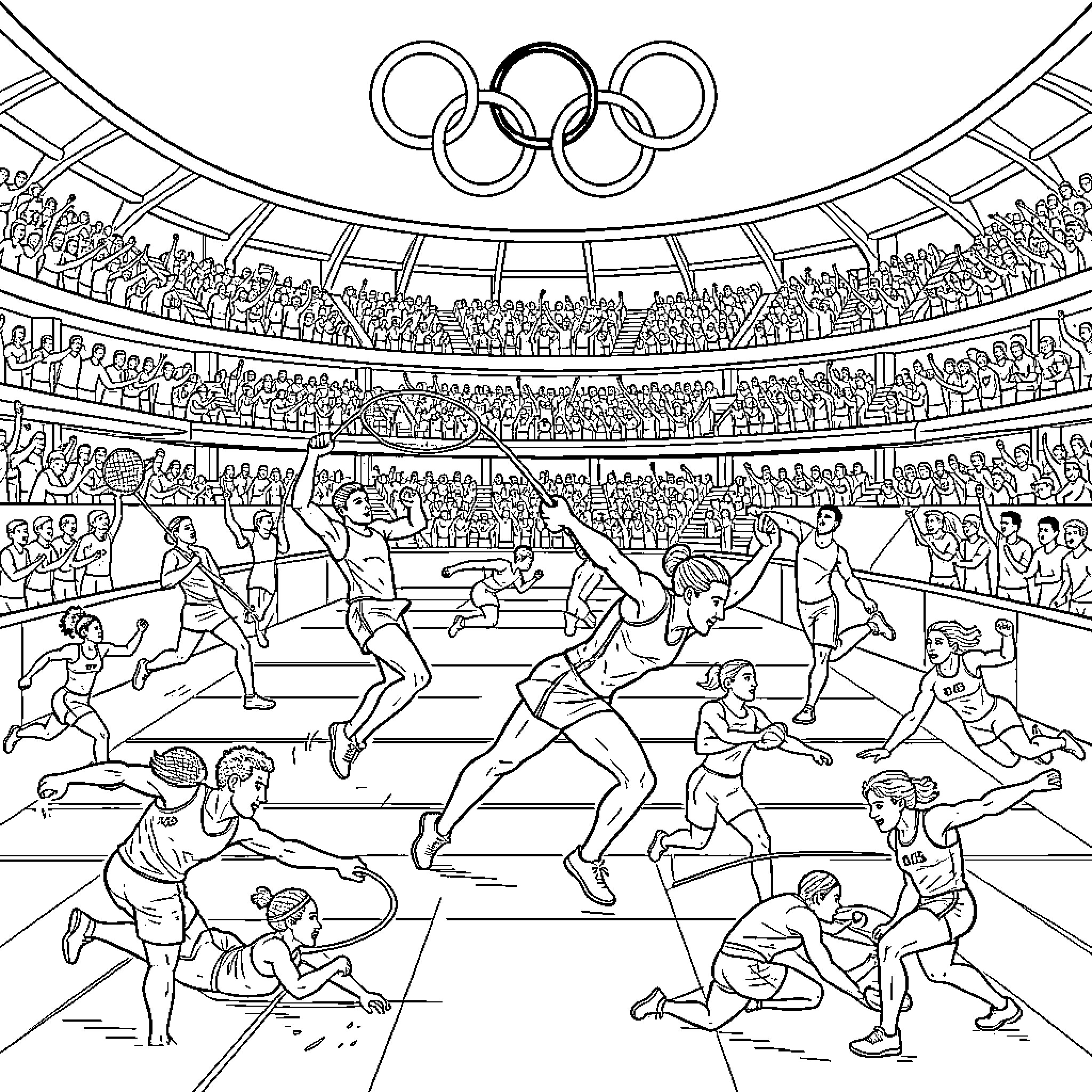Olympic athletes competing intensely in various sports scenes Coloring Page (free black-and-white line drawing printable PDF for all, from beginners to advanced learners, including children, teens, adults, and seniors)
