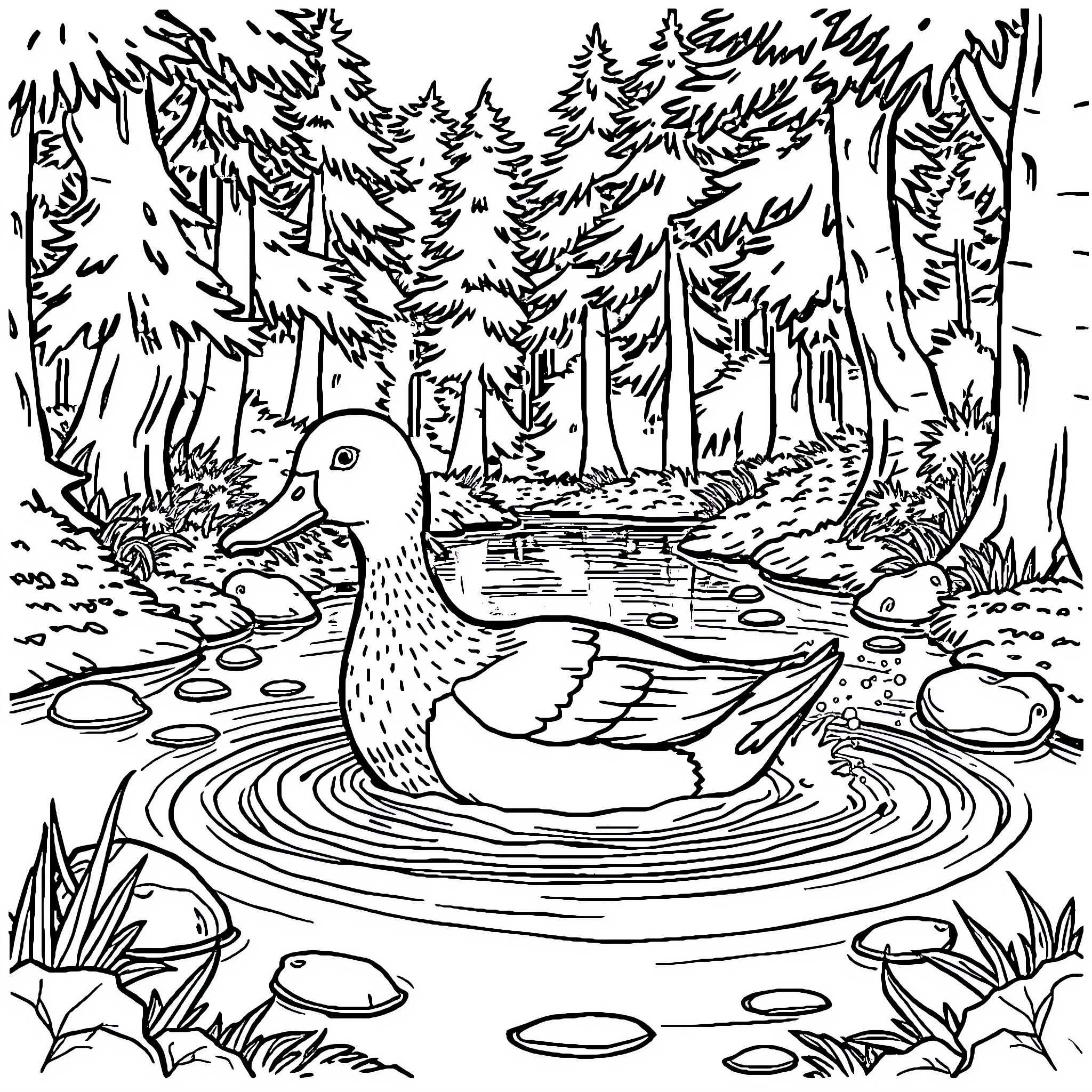 Duck swimming peacefully in forest pond Coloring Page (free black-and-white line drawing printable PDF for all, from beginners to advanced learners, including children, teens, adults, and seniors)