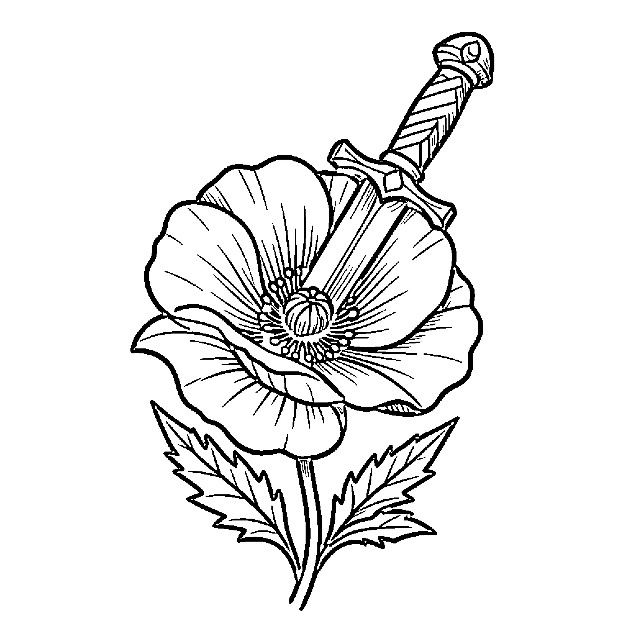 Dagger and Flower Tattoo Design Coloring Page (free black-and-white line drawing printable PDF for all, from beginners to advanced learners, including children, teens, adults, and seniors)