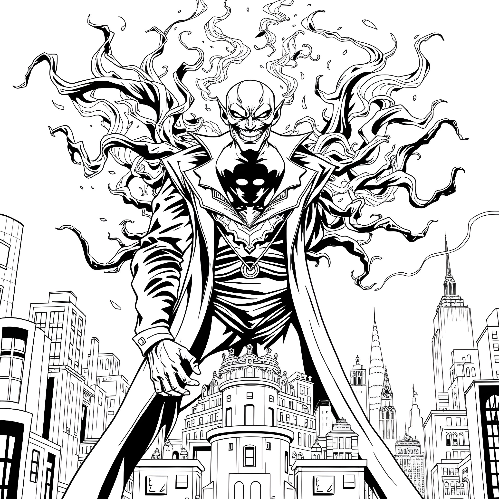 Riddler's triumphant return to Gotham City Coloring Page (free black-and-white line drawing printable PDF for all, from beginners to advanced learners, including children, teens, adults, and seniors)