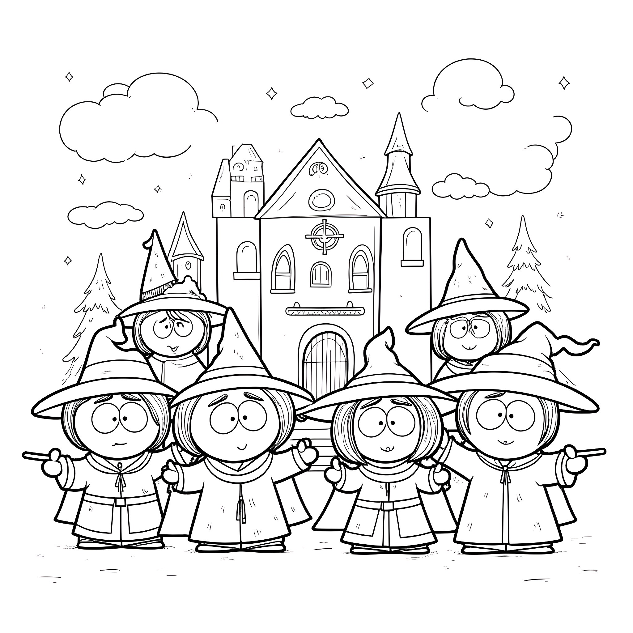 South Park witches and castle in the mountains Coloring Page (free black-and-white line drawing printable PDF for all, from beginners to advanced learners, including children, teens, adults, and seniors)