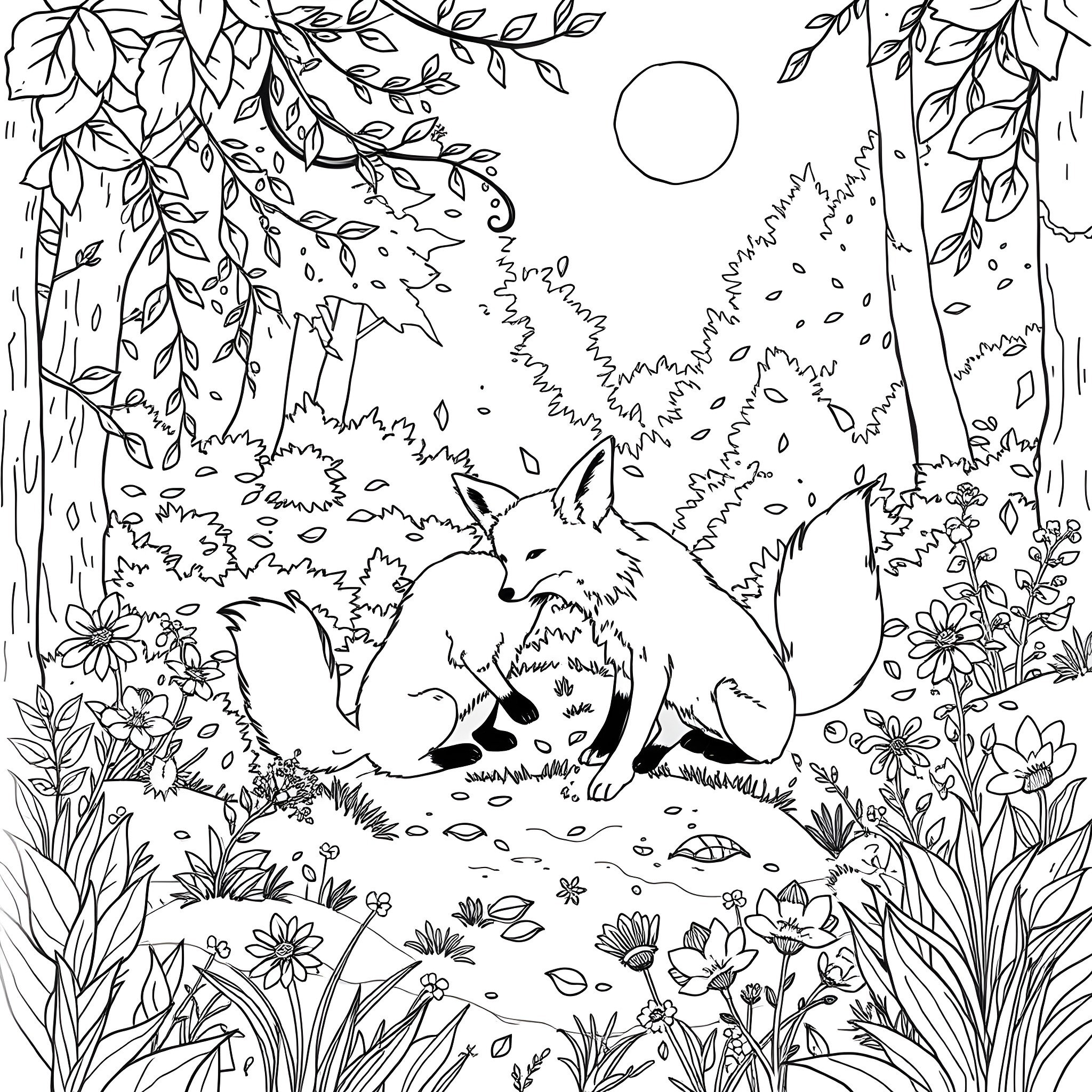 Fox resting in the peaceful forest Coloring Page (free black-and-white line drawing printable PDF for all, from beginners to advanced learners, including children, teens, adults, and seniors)