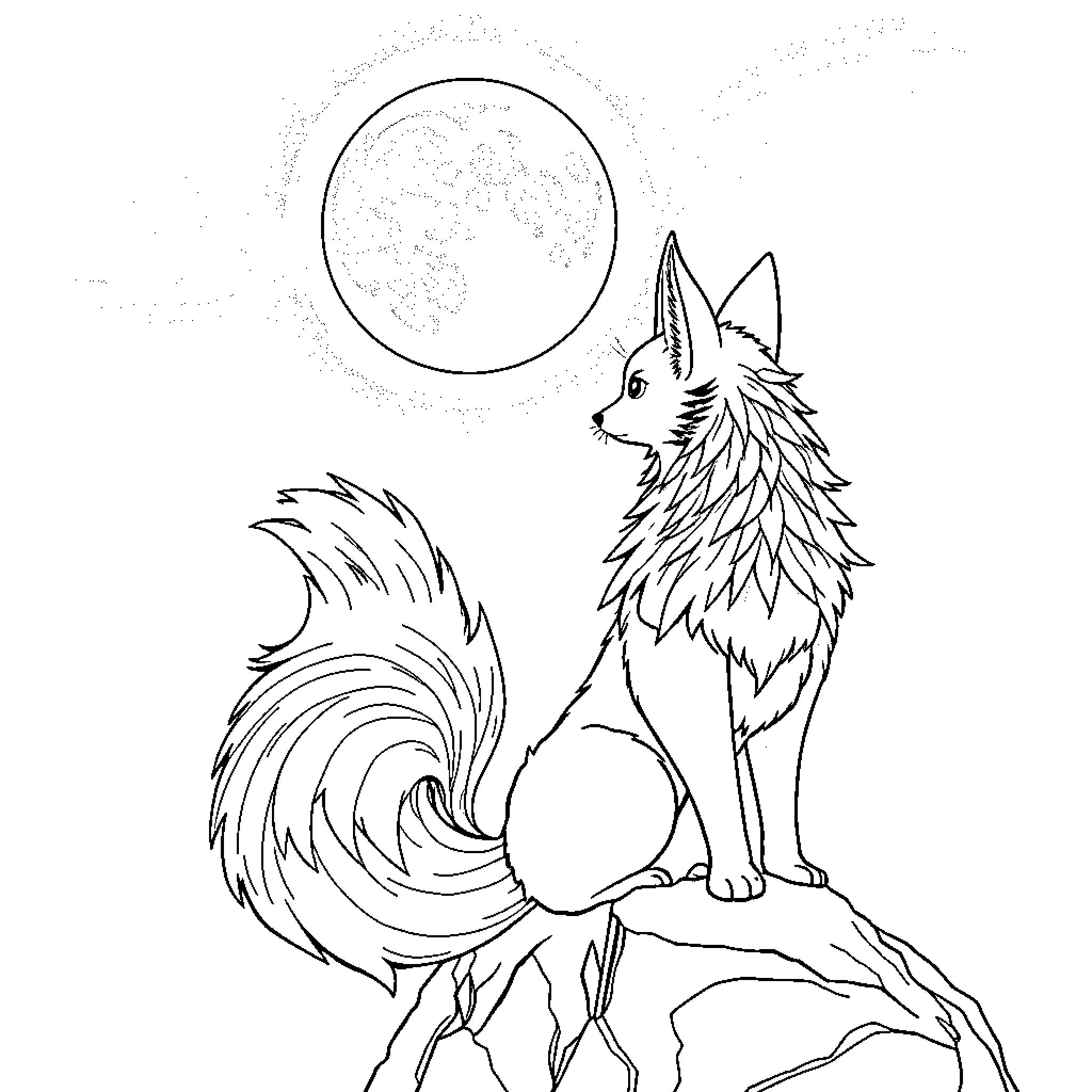 Kitsune Spirit in the Moonlight Coloring Page (free black-and-white line drawing printable PDF for all, from beginners to advanced learners, including children, teens, adults, and seniors)