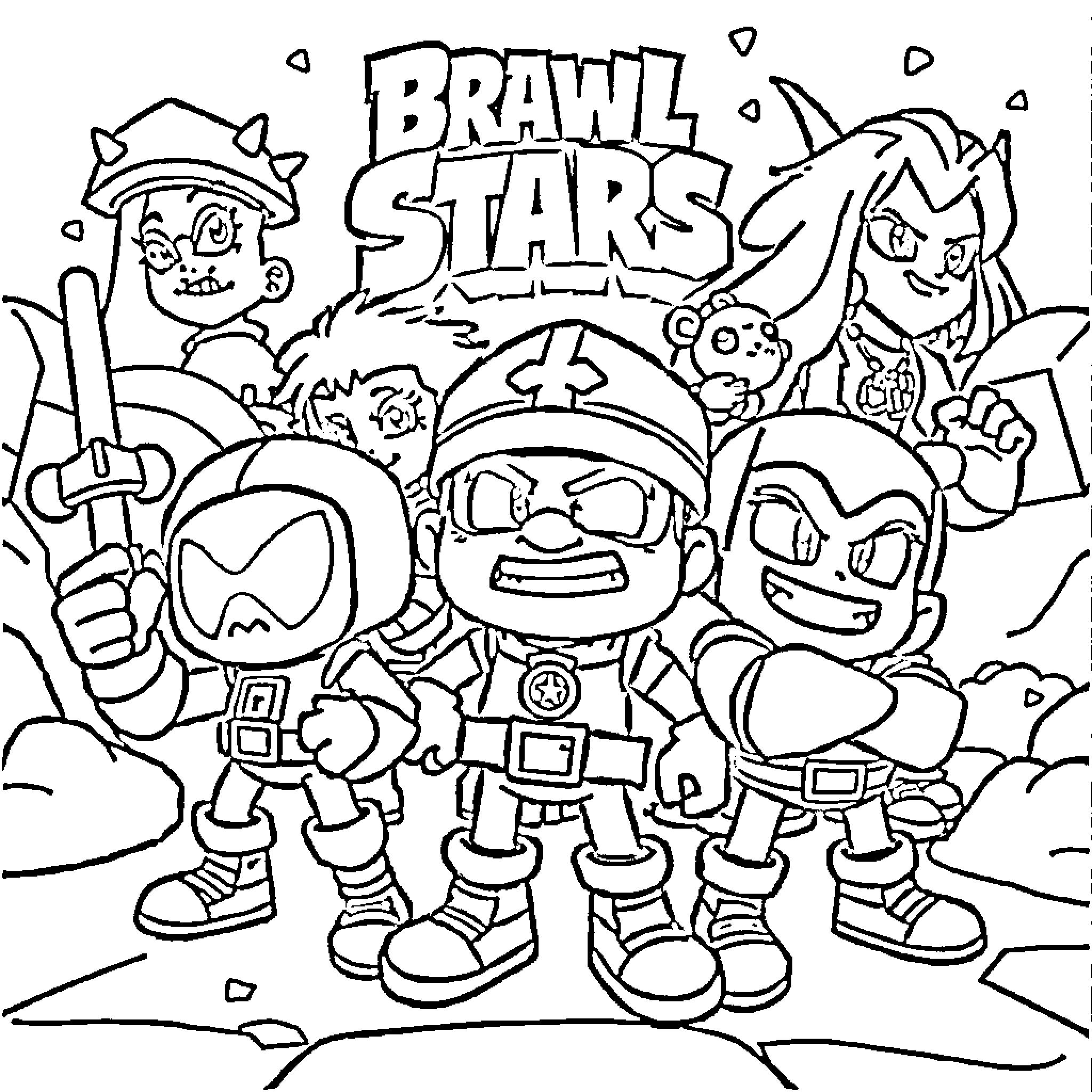 Brawl Stars: Heroic Characters in Action Coloring Page (free black-and-white line drawing printable PDF for all, from beginners to advanced learners, including children, teens, adults, and seniors)