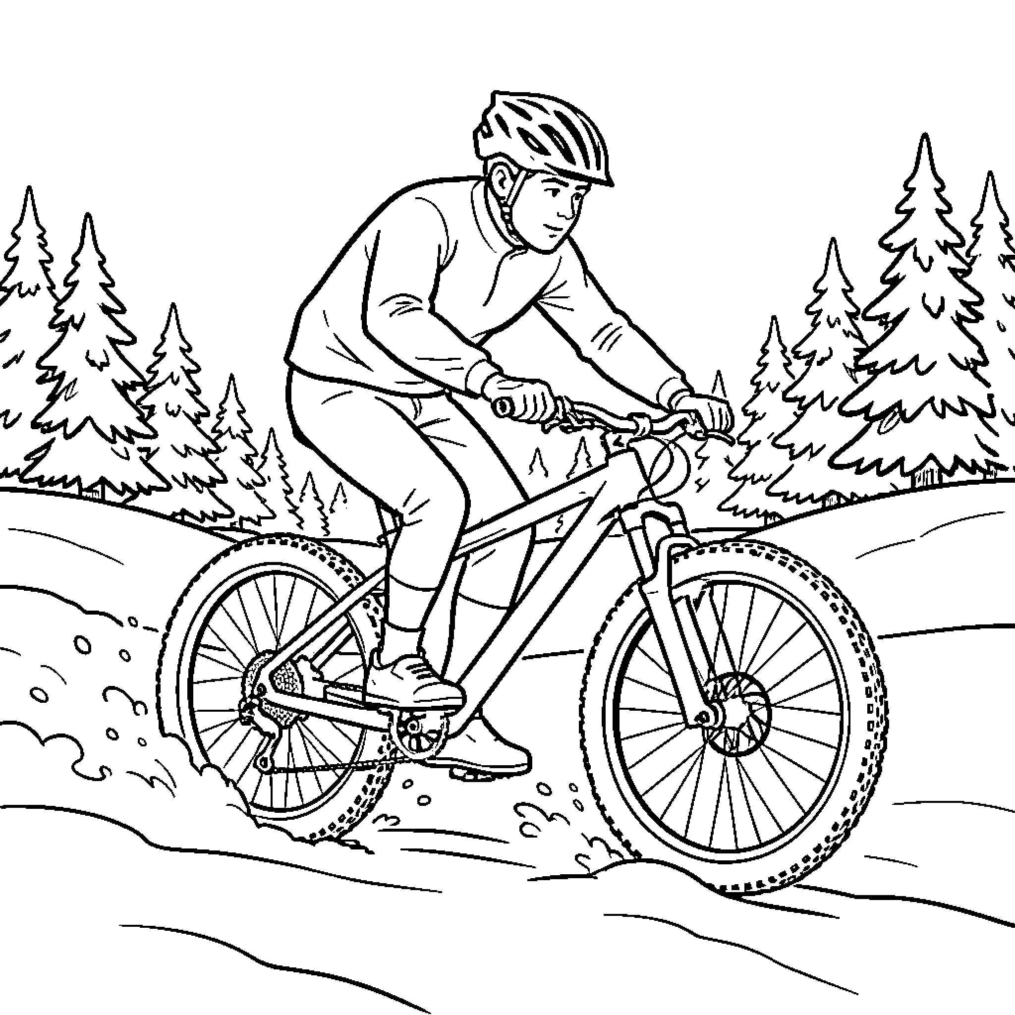 Mtb rider navigating a mountain trail through the forest Coloring Page (free black-and-white line drawing printable PDF for all, from beginners to advanced learners, including children, teens, adults, and seniors)