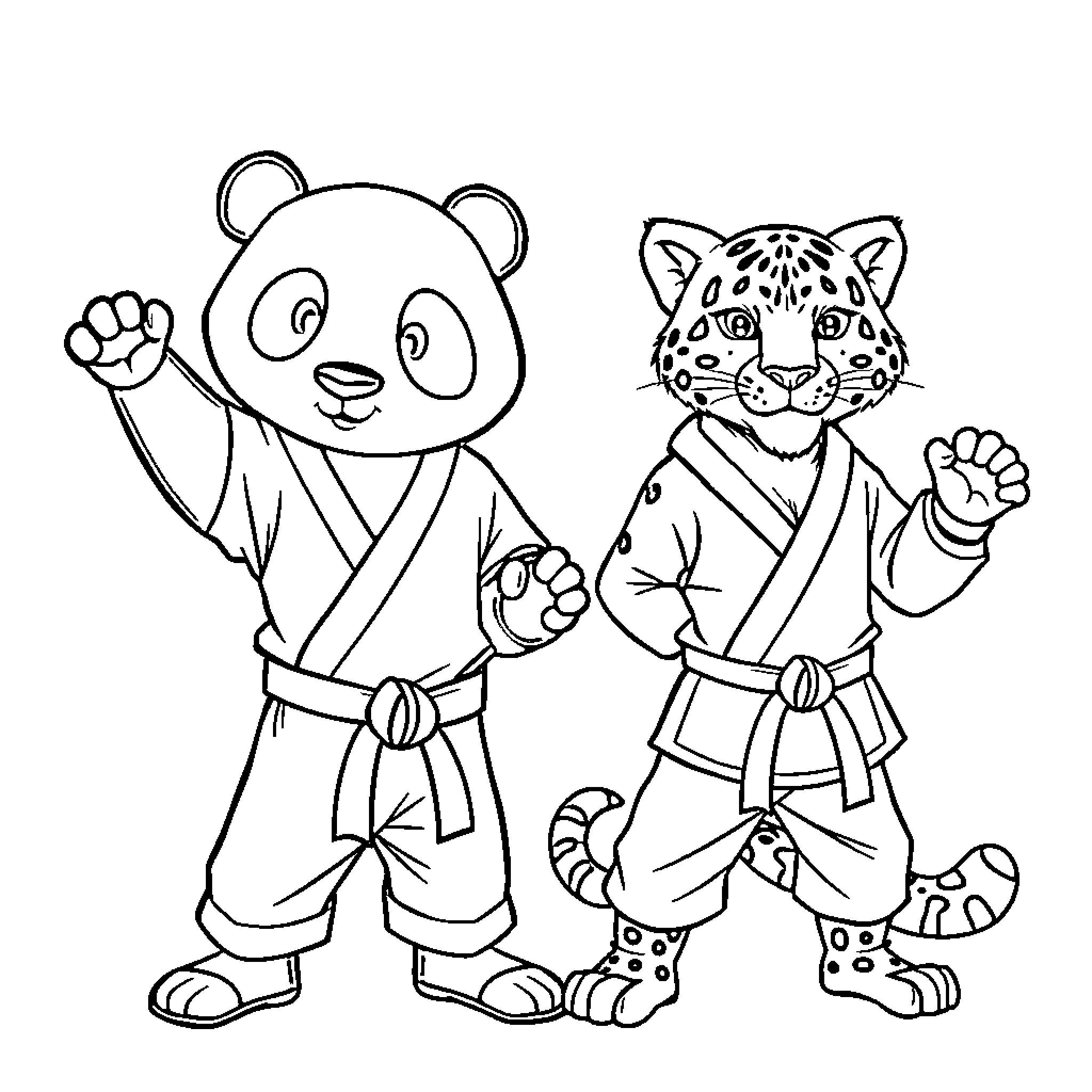 Panda and Leopard Practicing Martial Arts Coloring Page (free black-and-white line drawing printable PDF for all, from beginners to advanced learners, including children, teens, adults, and seniors)