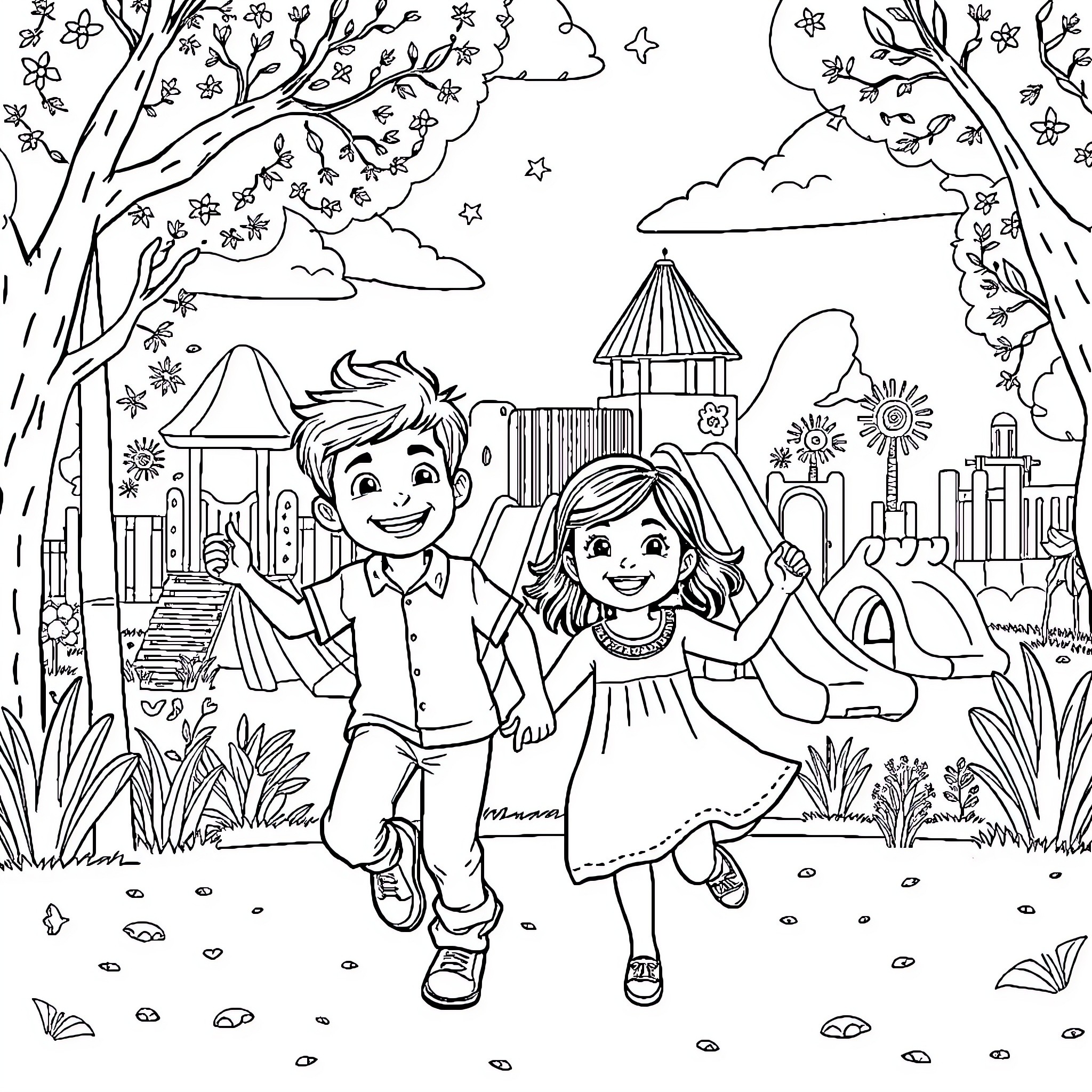 Omar and his friend explore the whimsical playground Coloring Page (free black-and-white line drawing printable PDF for all, from beginners to advanced learners, including children, teens, adults, and seniors)