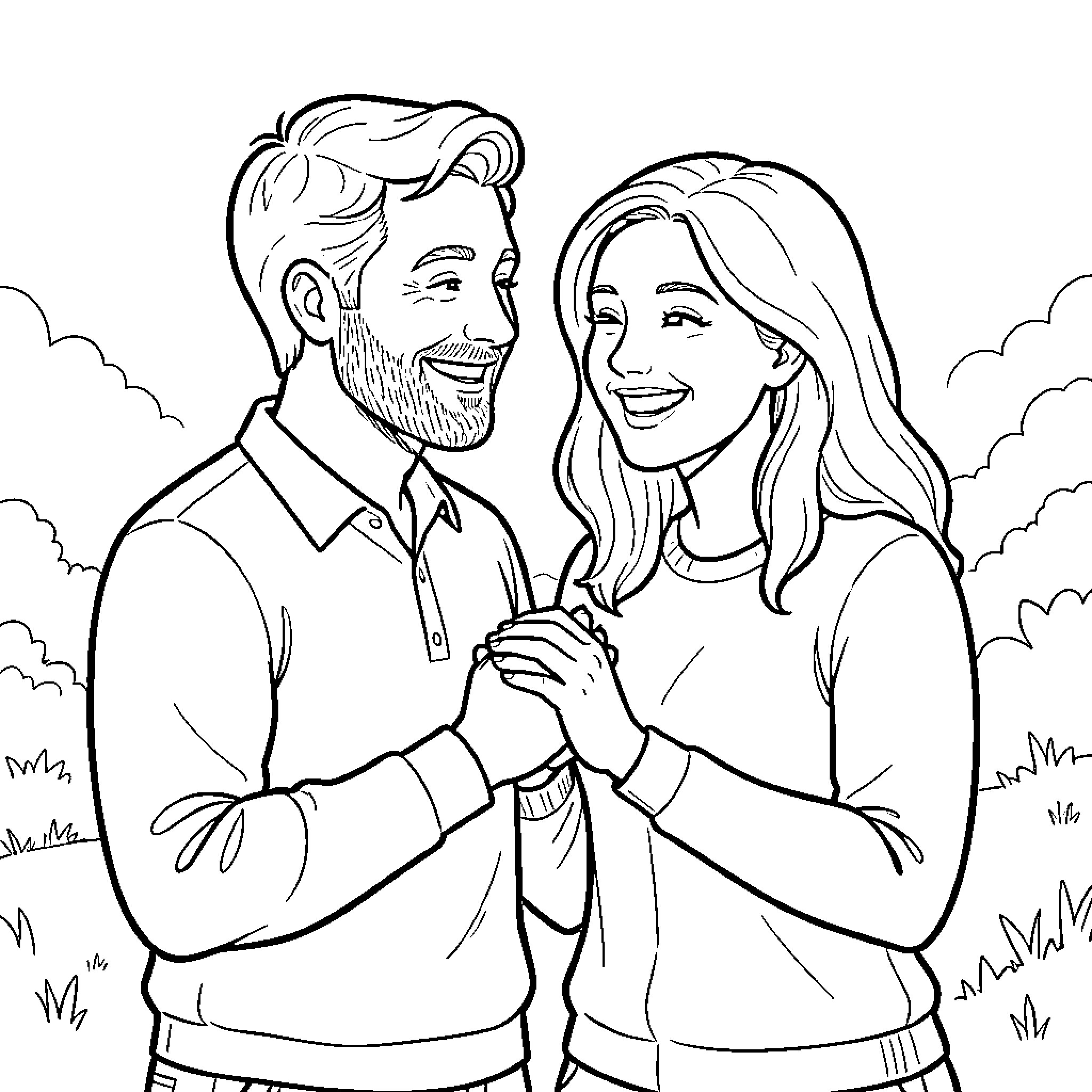 Couple sharing a heartwarming moment Coloring Page (free black-and-white line drawing printable PDF for all, from beginners to advanced learners, including children, teens, adults, and seniors)