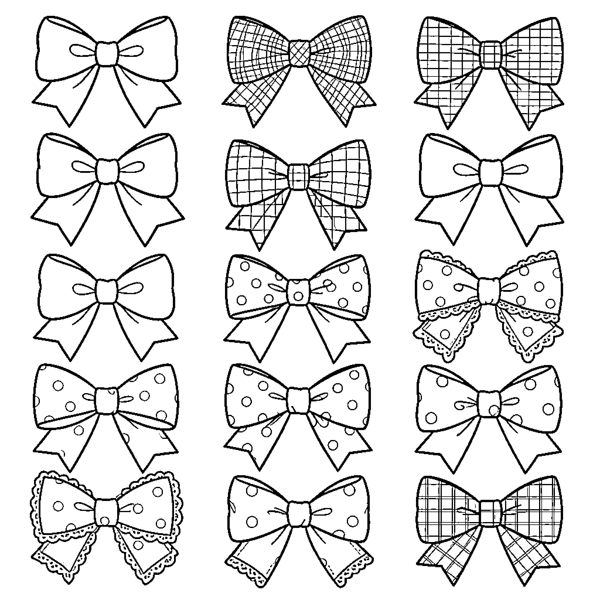 Bow Tie Collection with Varied Patterns and Designs Coloring Page (free black-and-white line drawing printable PDF for all, from beginners to advanced learners, including children, teens, adults, and seniors)