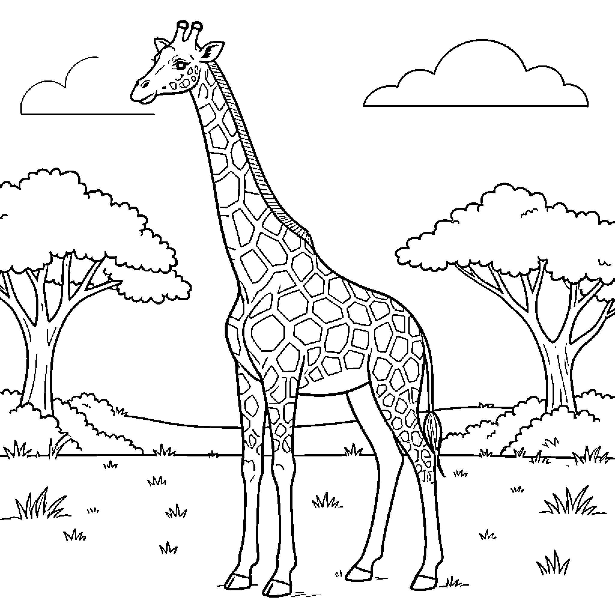 Giraffe standing peacefully in a savanna landscape Coloring Page (free black-and-white line drawing printable PDF for all, from beginners to advanced learners, including children, teens, adults, and seniors)